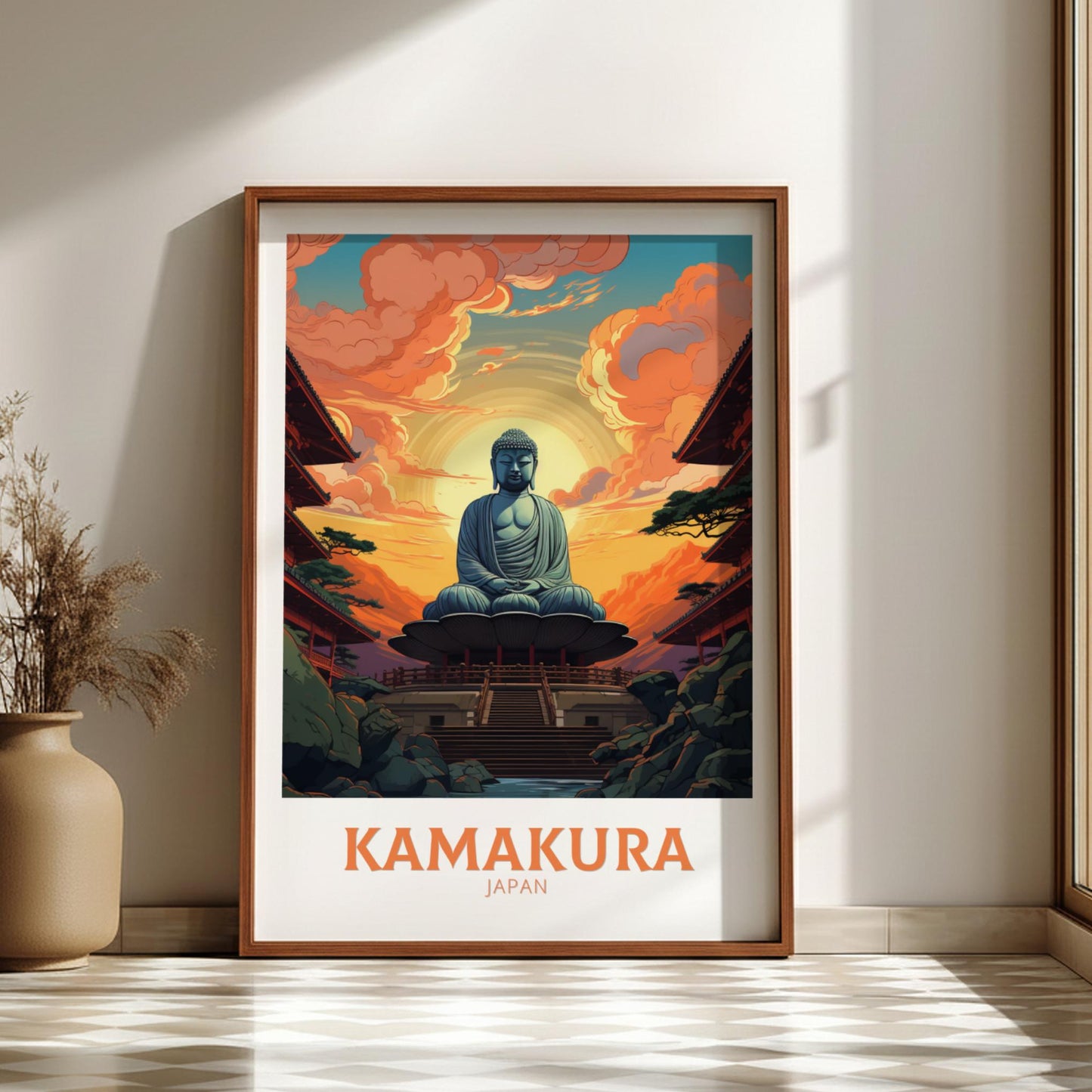 Framed artwork of a Buddha statue in Kamakura, Japan, on a wall.
