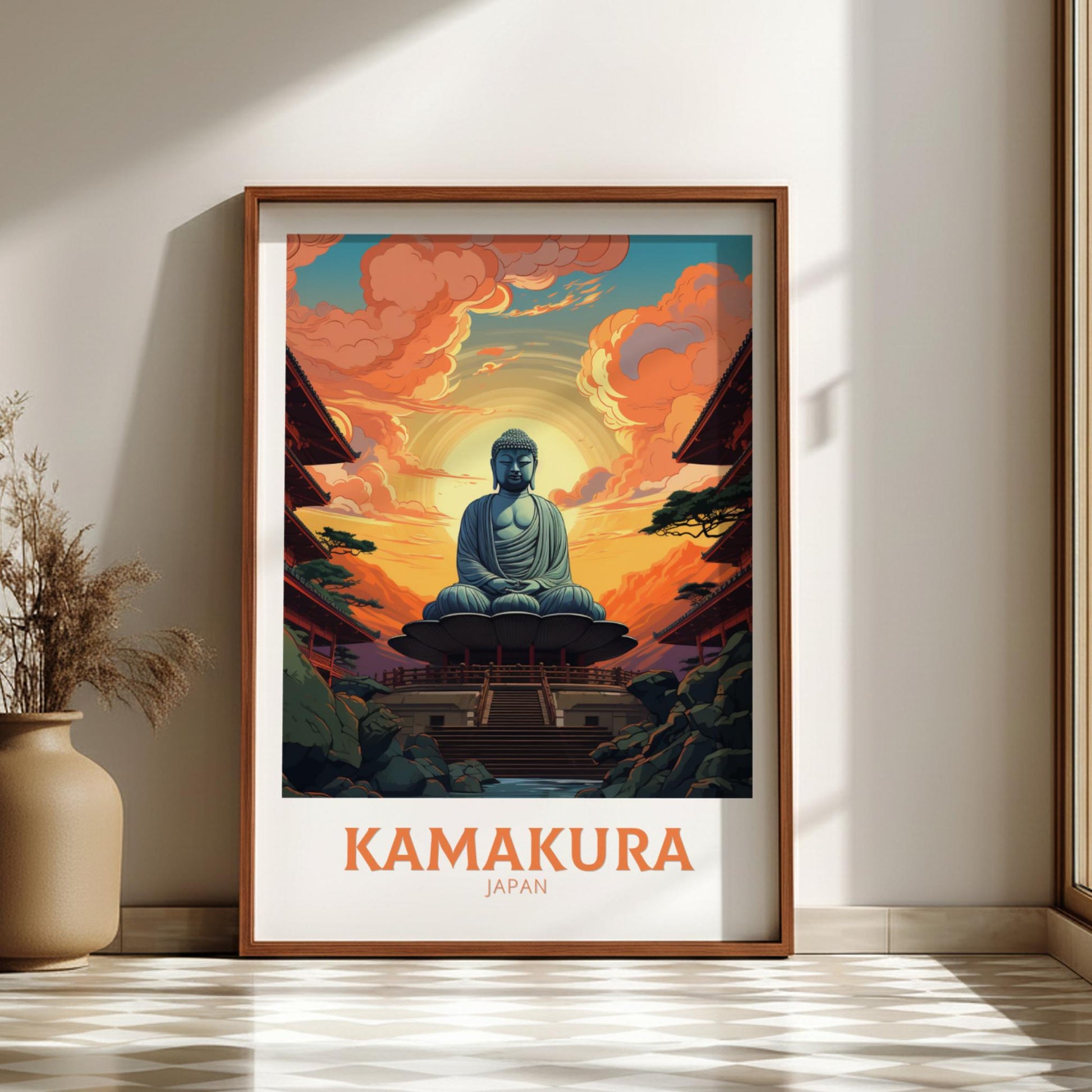 Framed artwork of a Buddha statue in Kamakura, Japan, on a wall.