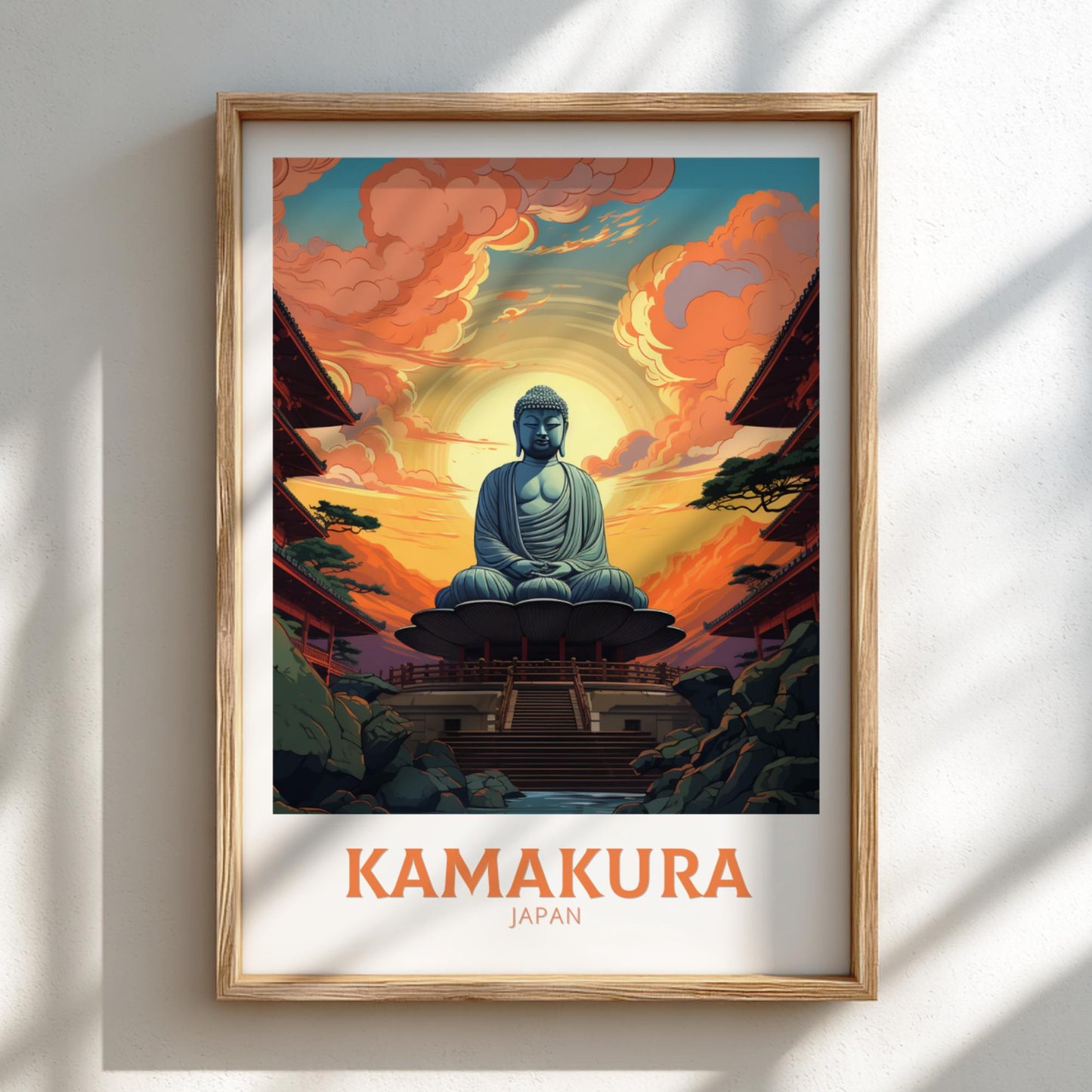 Framed artwork of a Buddha statue in Kamakura, Japan with a warm color palette.