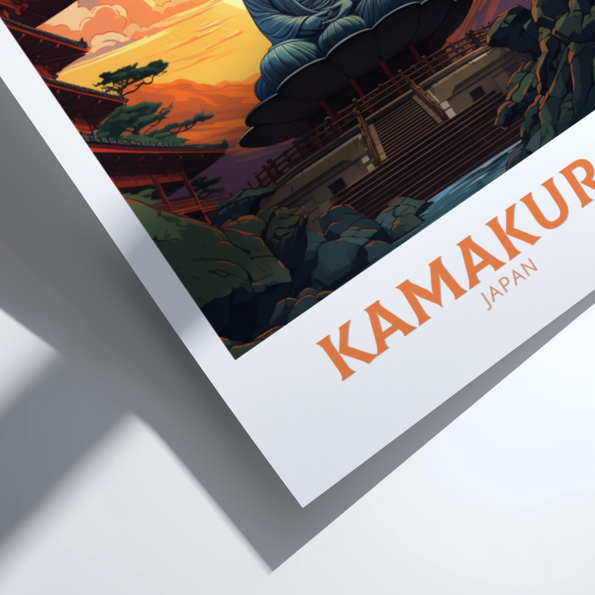Framed artwork with 'Kamakura Japan' text and traditional Japanese scene.