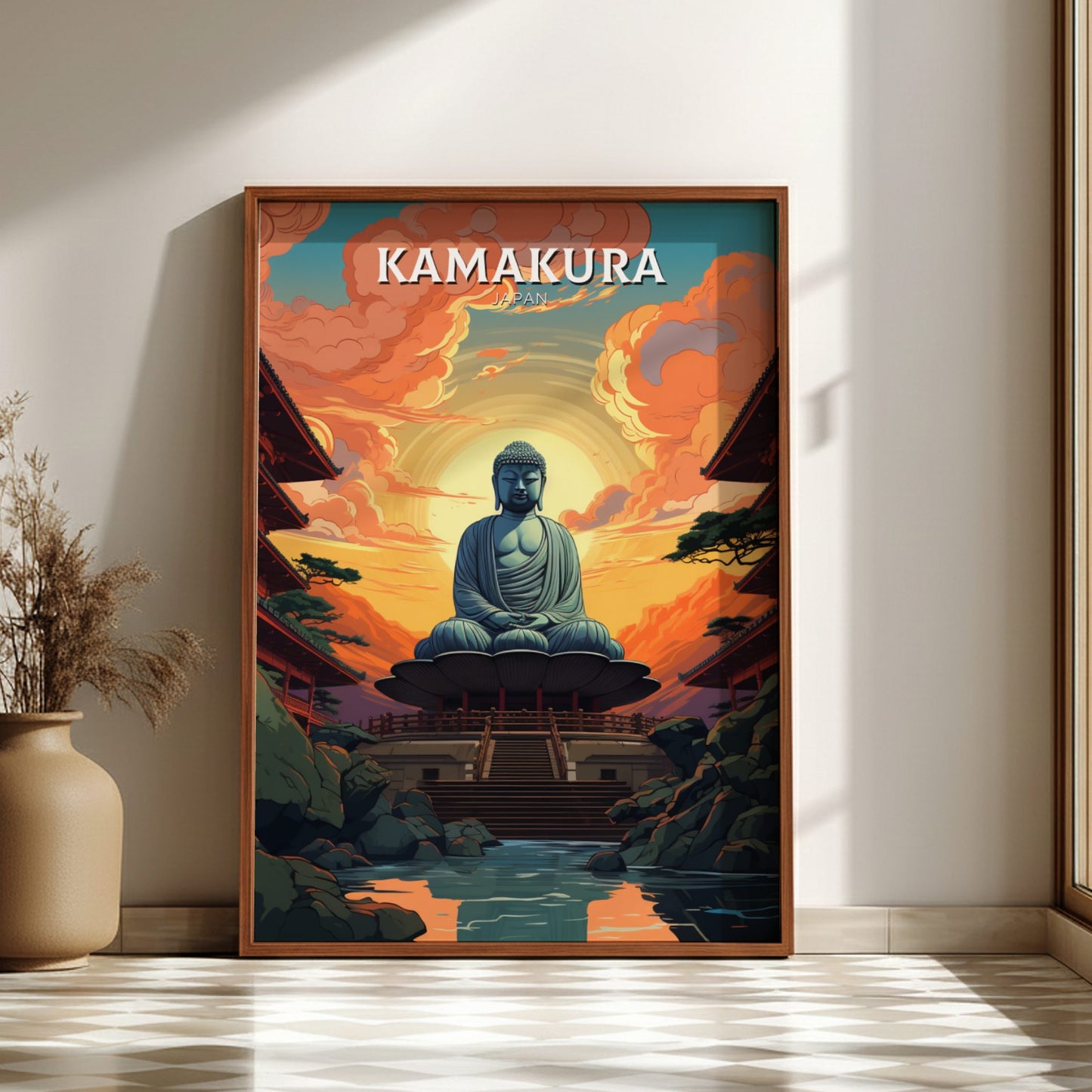 Framed artwork of a Buddha statue in Kamakura with a colorful sky.