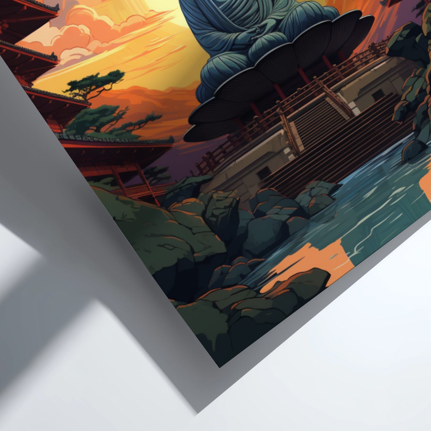 Colorful illustration of a traditional Japanese building with a large statue on a mountain at sunset.