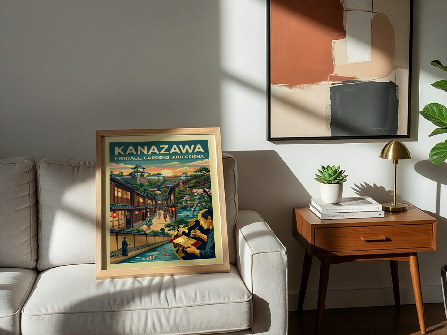 Travel poster of Kanazawa featuring a Japanese castle, geisha, gardens, and a canal.