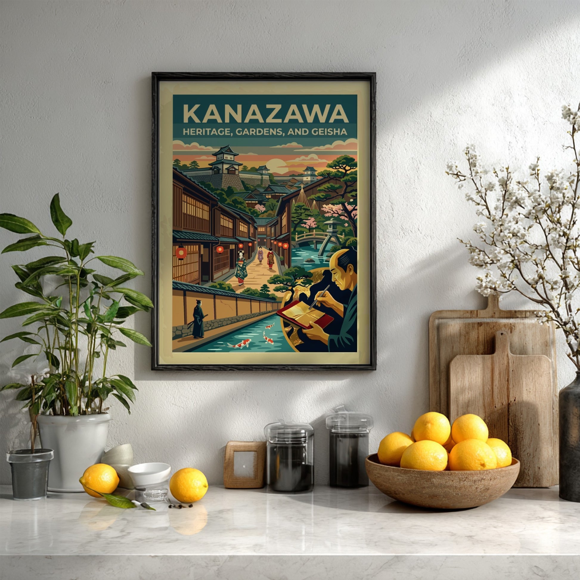 Travel poster of Kanazawa featuring a Japanese castle, geisha, gardens, and a canal.