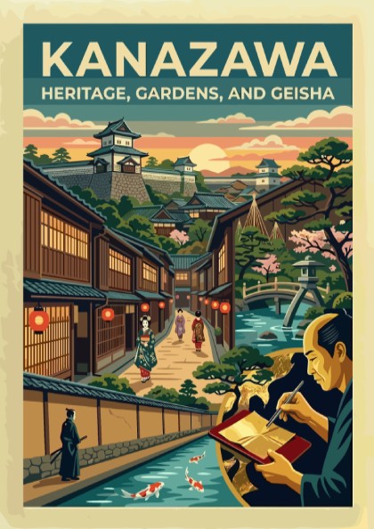 Travel poster of Kanazawa featuring a Japanese castle, geisha, gardens, and a canal.