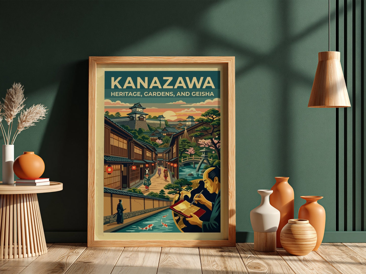 Travel poster of Kanazawa featuring a Japanese castle, geisha, gardens, and a canal.