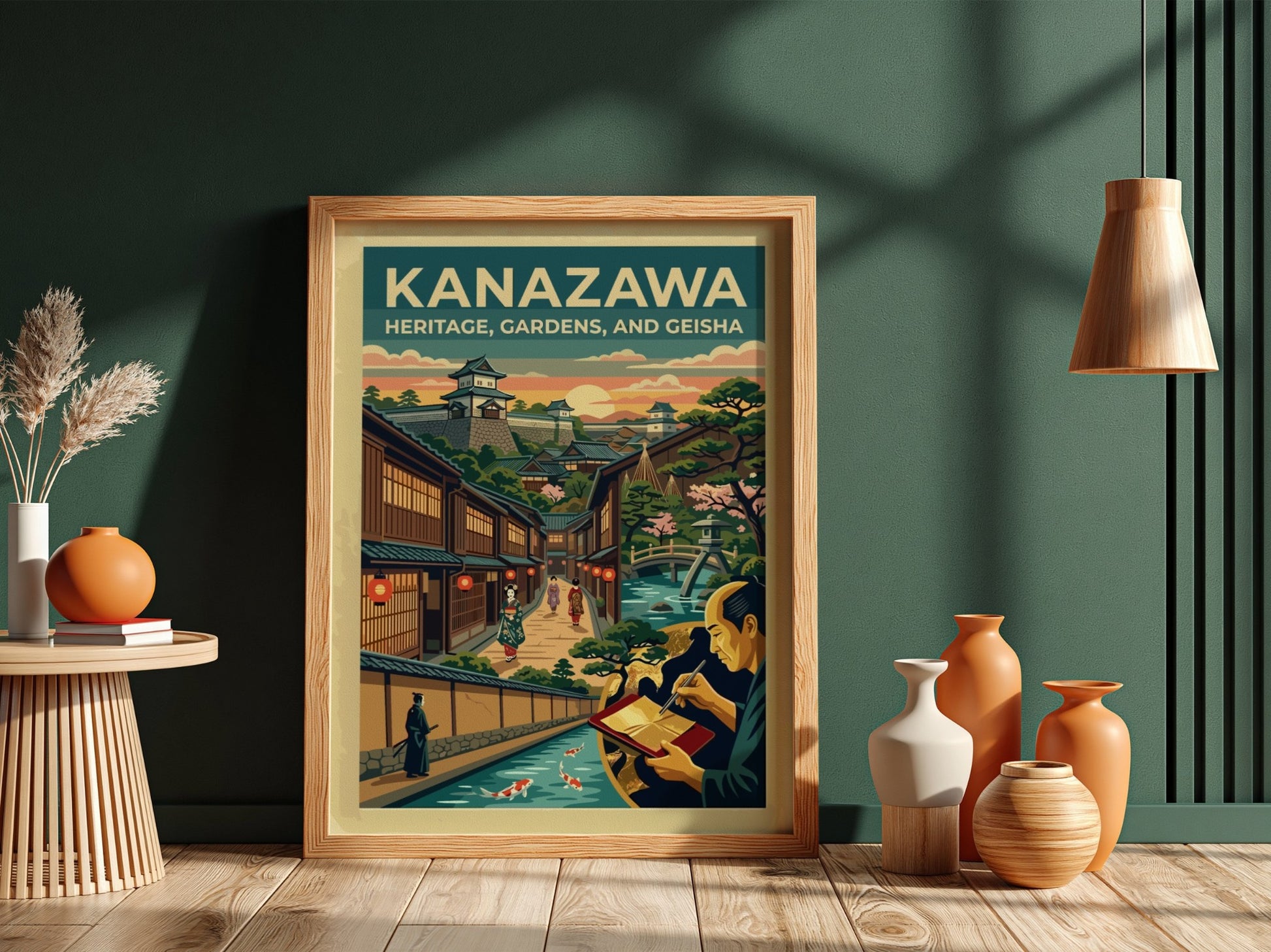 Travel poster of Kanazawa featuring a Japanese castle, geisha, gardens, and a canal.
