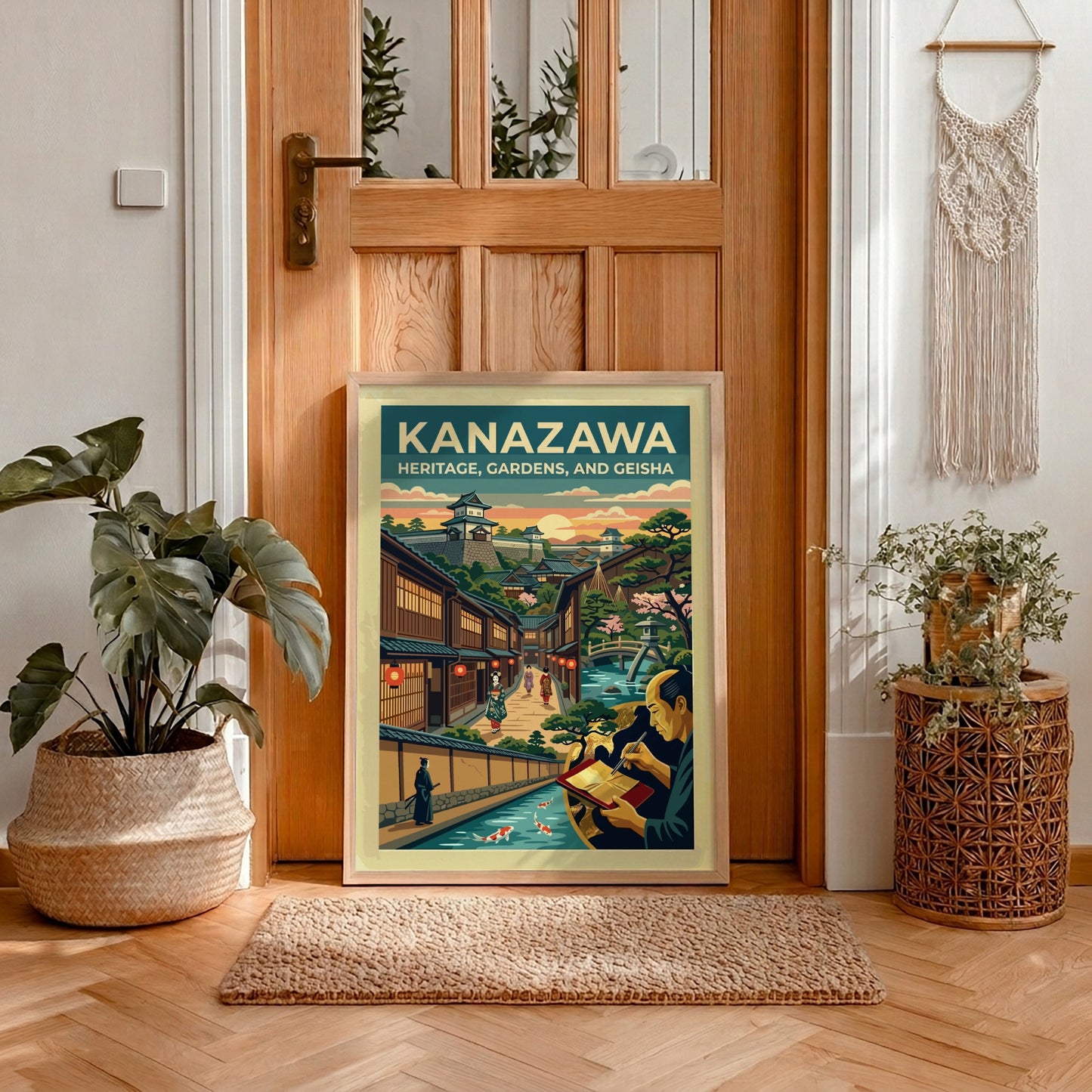 Travel poster of Kanazawa featuring a Japanese castle, geisha, gardens, and a canal.