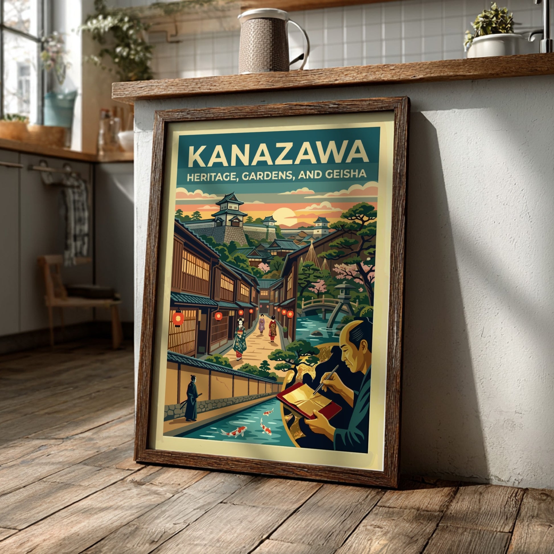 Travel poster of Kanazawa featuring a Japanese castle, geisha, gardens, and a canal.