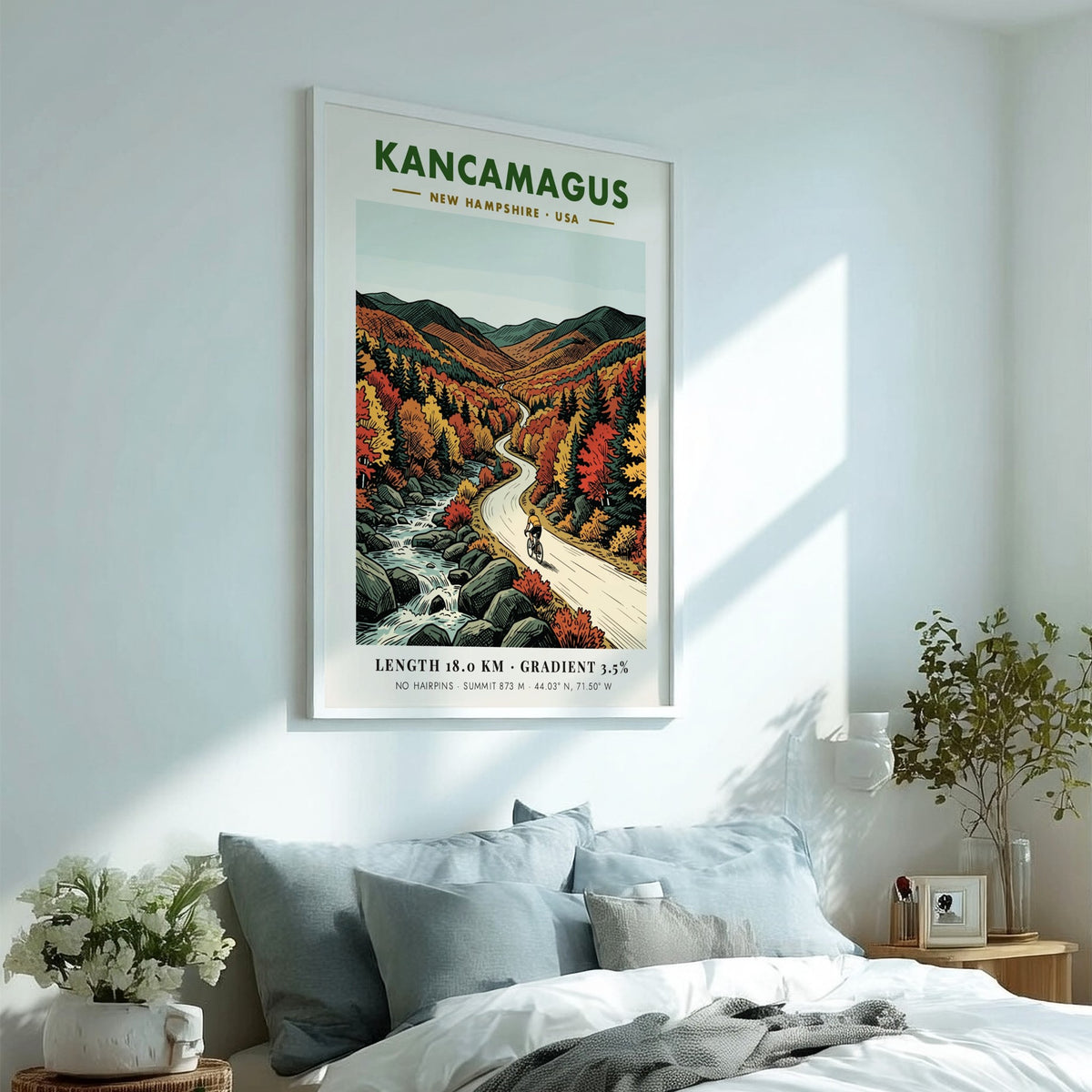 Cycling poster of Kancamagus New Hampshire showing a rider on a mountain road