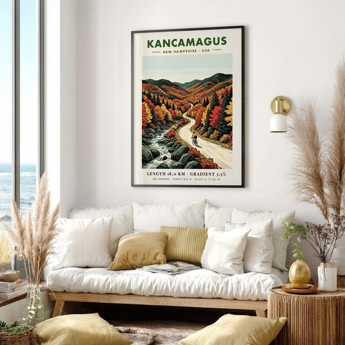 Cycling poster of Kancamagus New Hampshire showing a rider on a mountain road