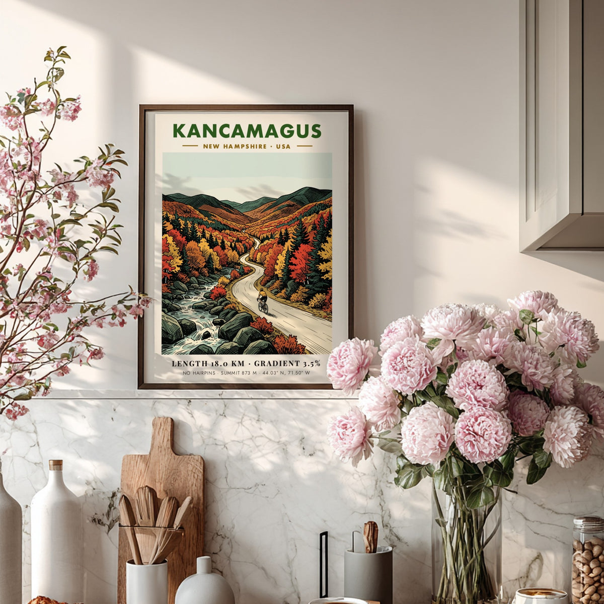 Cycling poster of Kancamagus New Hampshire showing a rider on a mountain road