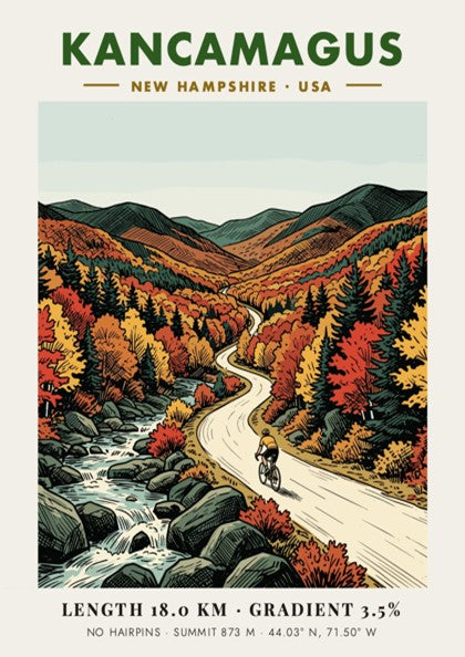 Cycling poster of Kancamagus New Hampshire showing a rider on a mountain road