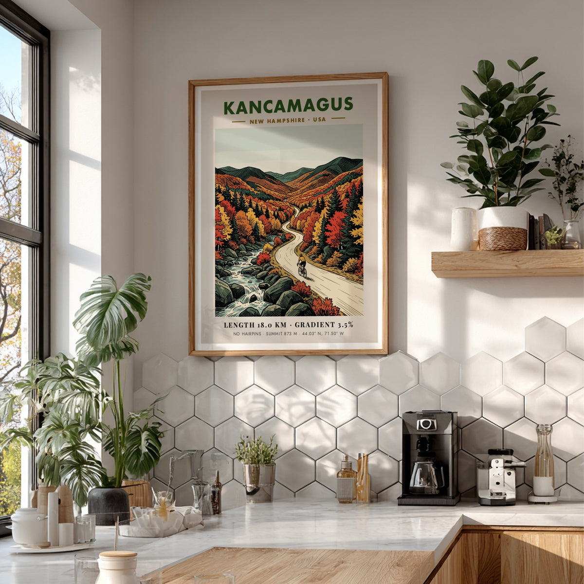 Cycling poster of Kancamagus New Hampshire showing a rider on a mountain road