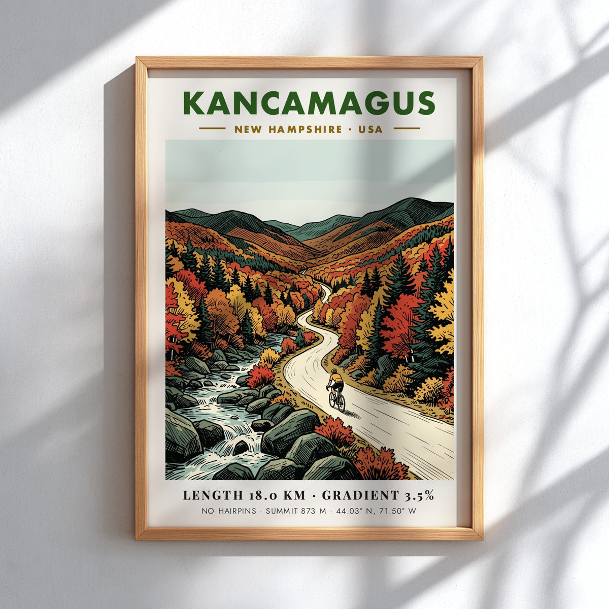 Cycling poster of Kancamagus New Hampshire showing a rider on a mountain road