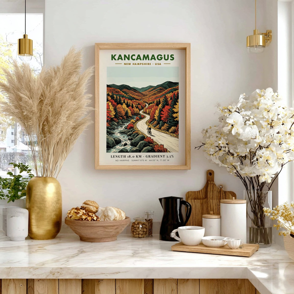 Cycling poster of Kancamagus New Hampshire showing a rider on a mountain road