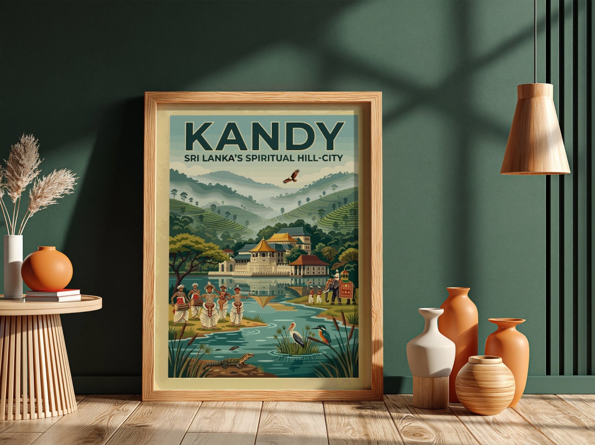 Vintage style travel poster of Kandy Sri Lanka with temple lake and dancers