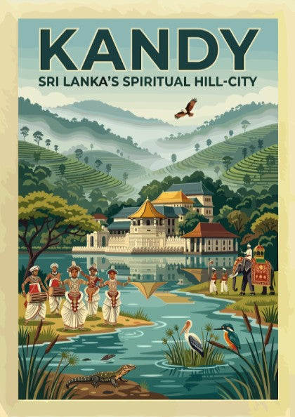 Vintage style travel poster of Kandy Sri Lanka with temple lake and dancers