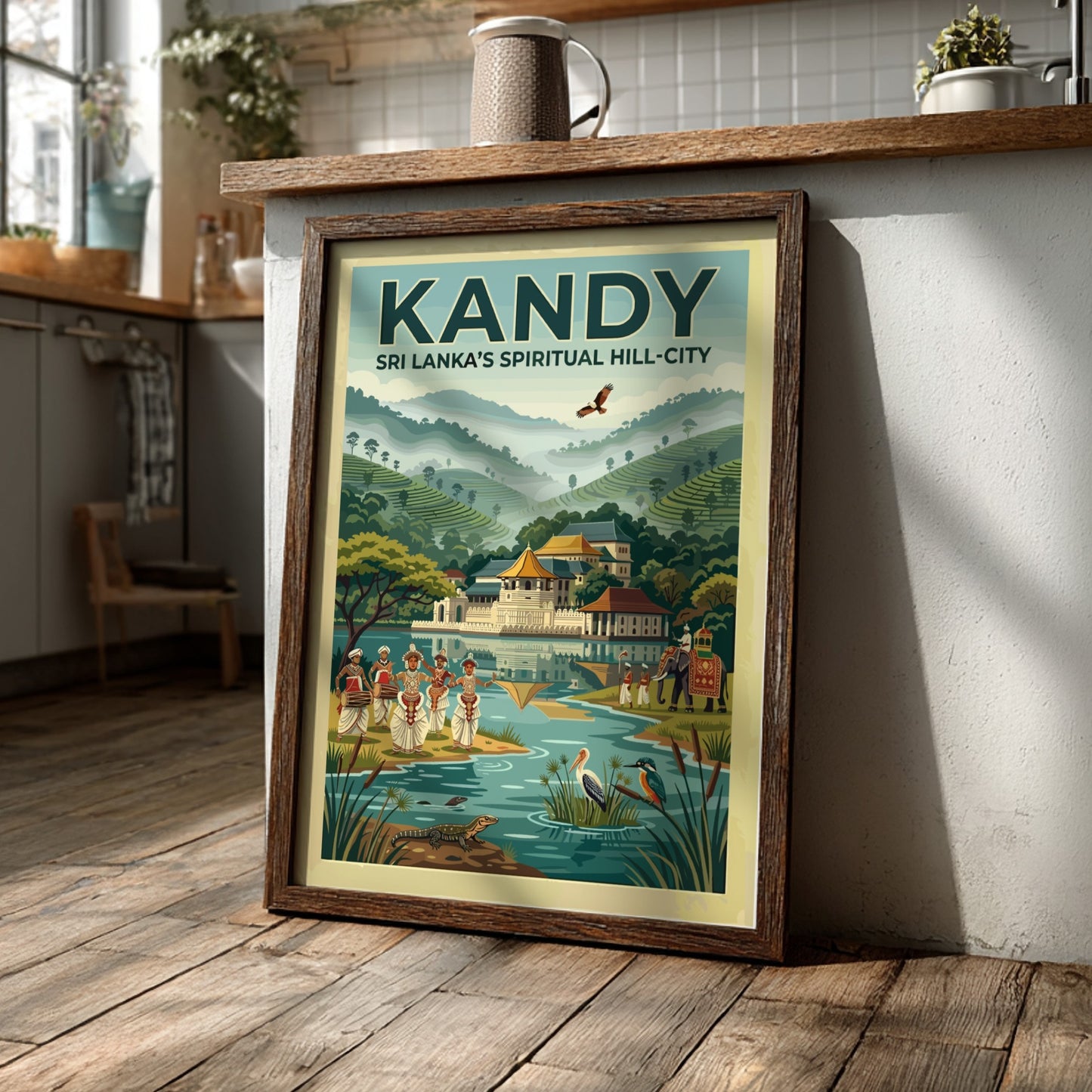Vintage style travel poster of Kandy Sri Lanka with temple lake and dancers