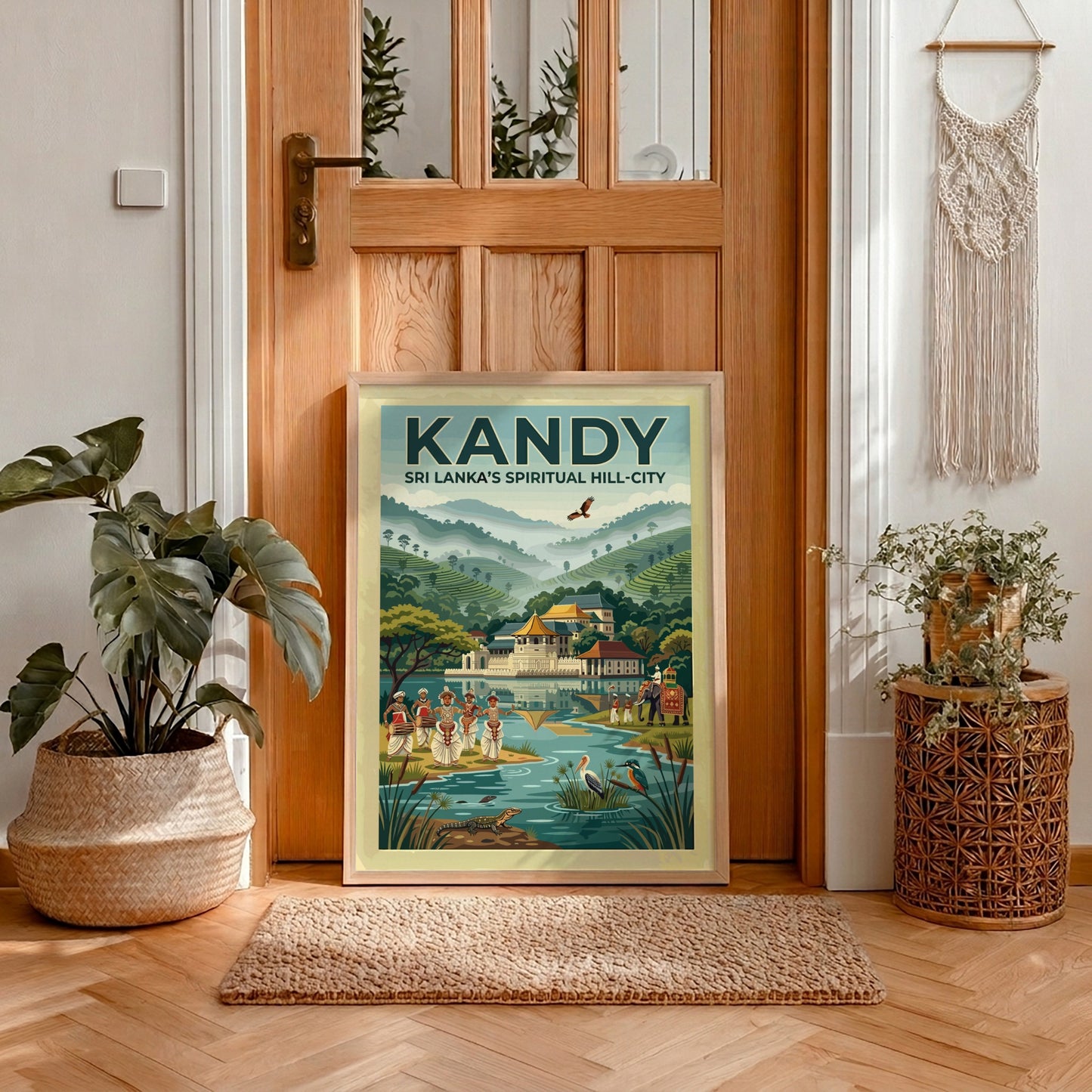 Vintage style travel poster of Kandy Sri Lanka with temple lake and dancers