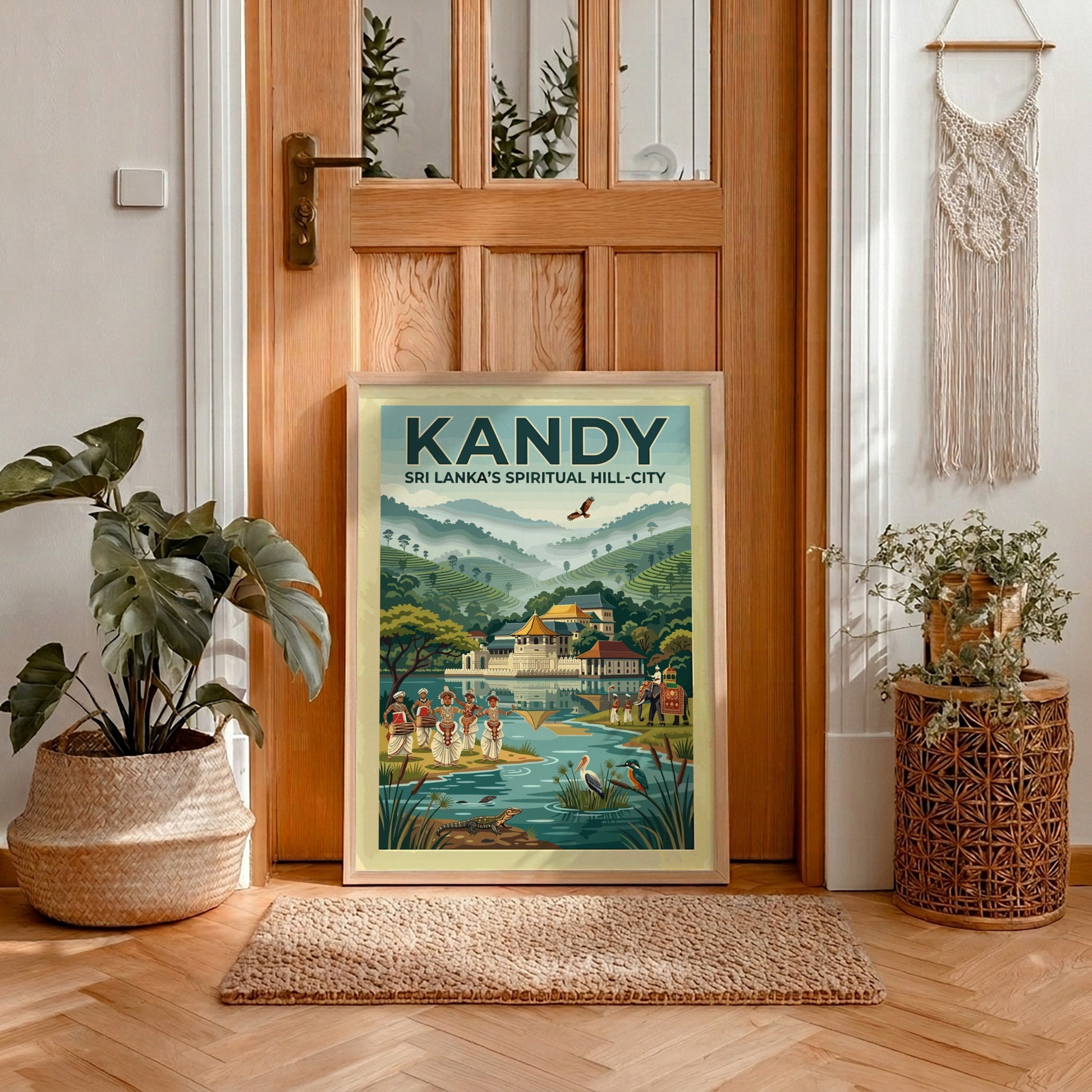 Vintage style travel poster of Kandy Sri Lanka with temple lake and dancers
