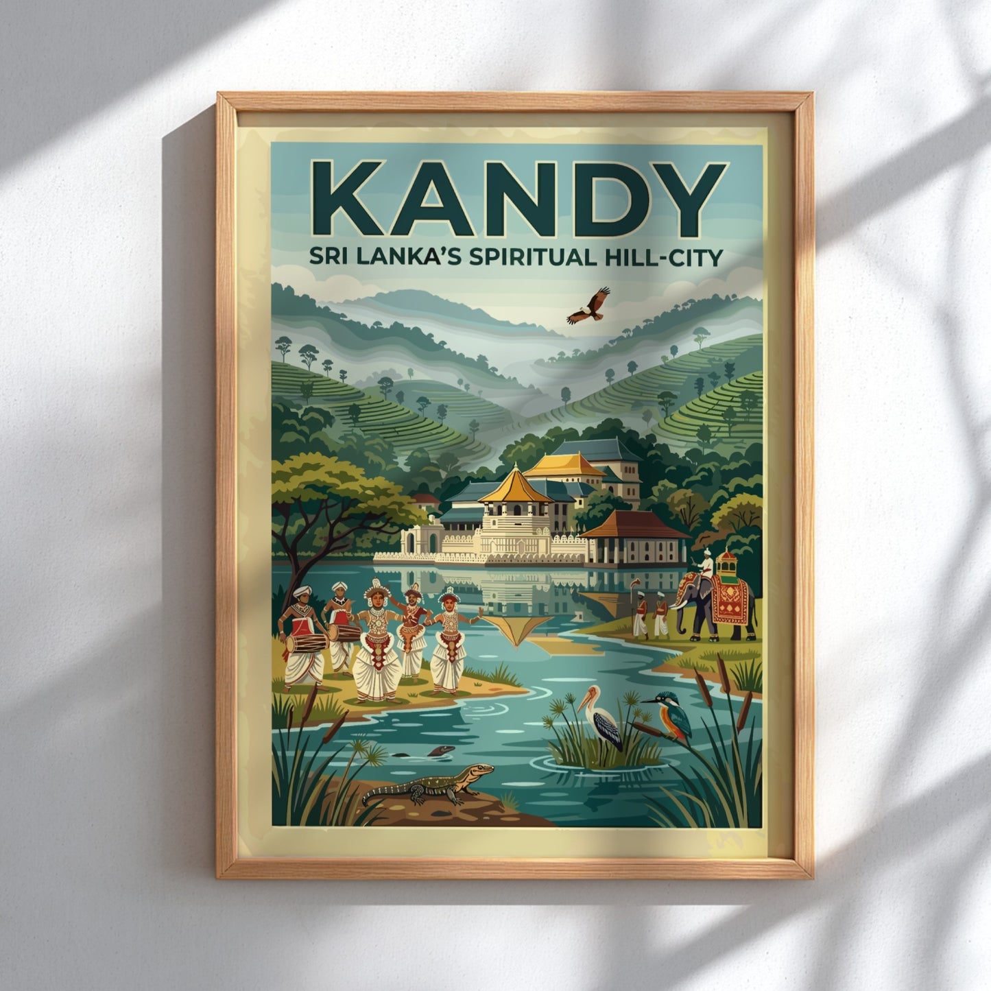 Vintage style travel poster of Kandy Sri Lanka with temple lake and dancers