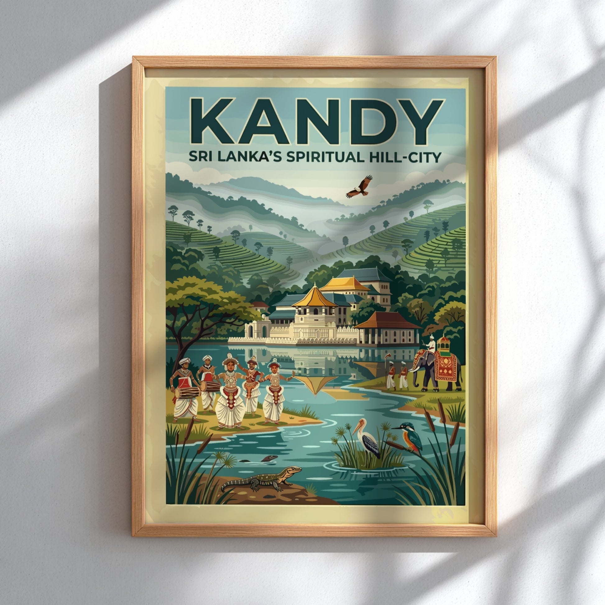Vintage style travel poster of Kandy Sri Lanka with temple lake and dancers