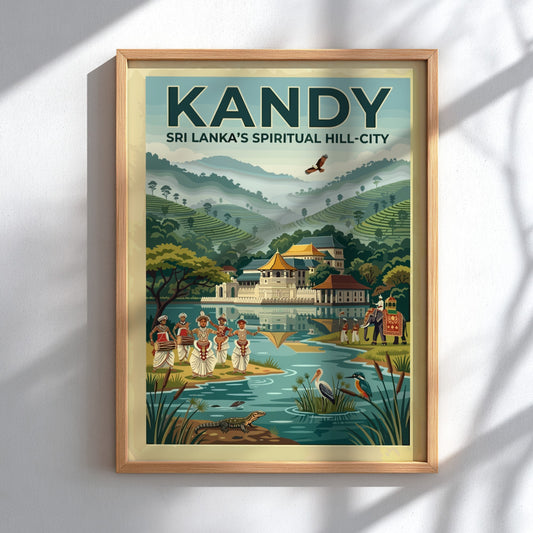 Vintage style travel poster of Kandy Sri Lanka with temple lake and dancers