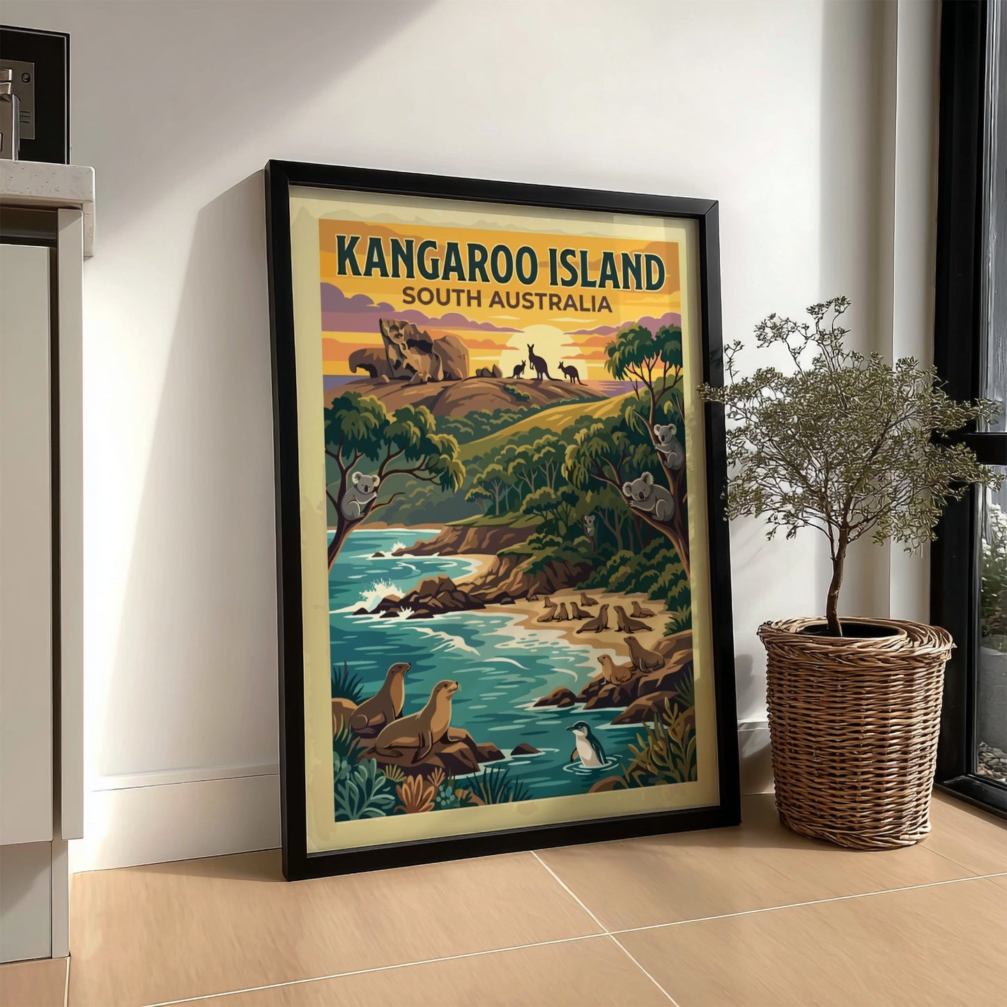 Kangaroo Island travel poster showing koalas in trees, seals on beach, and kangaroos.