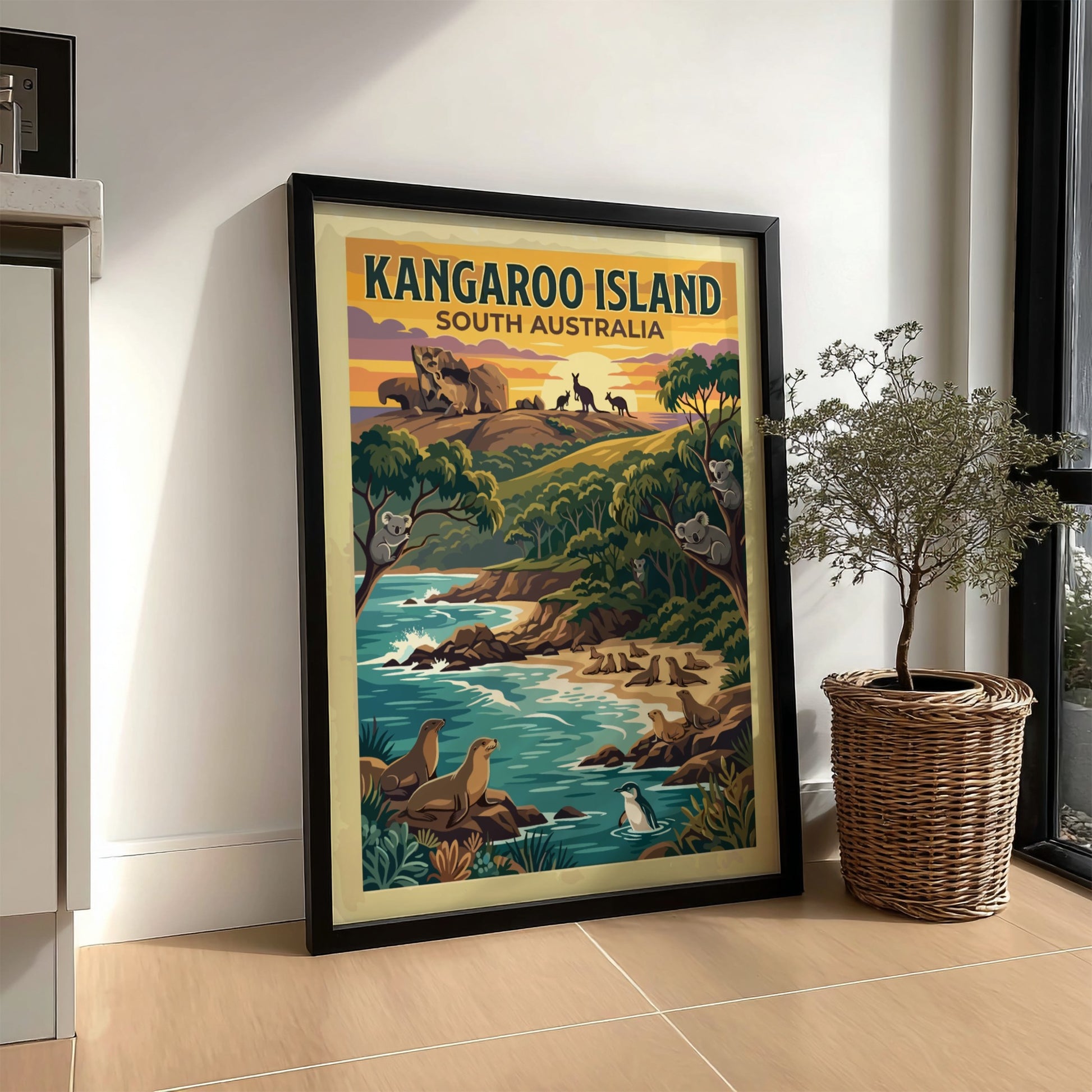 Kangaroo Island travel poster showing koalas in trees, seals on beach, and kangaroos.