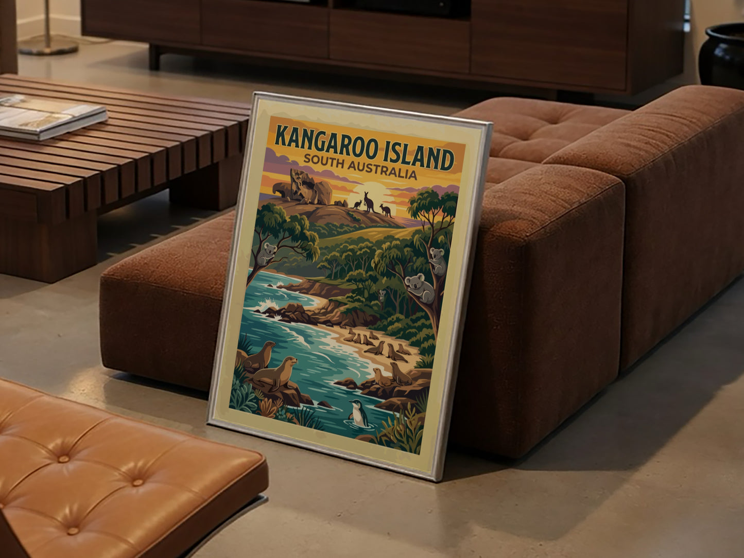 Kangaroo Island travel poster showing koalas in trees, seals on beach, and kangaroos.