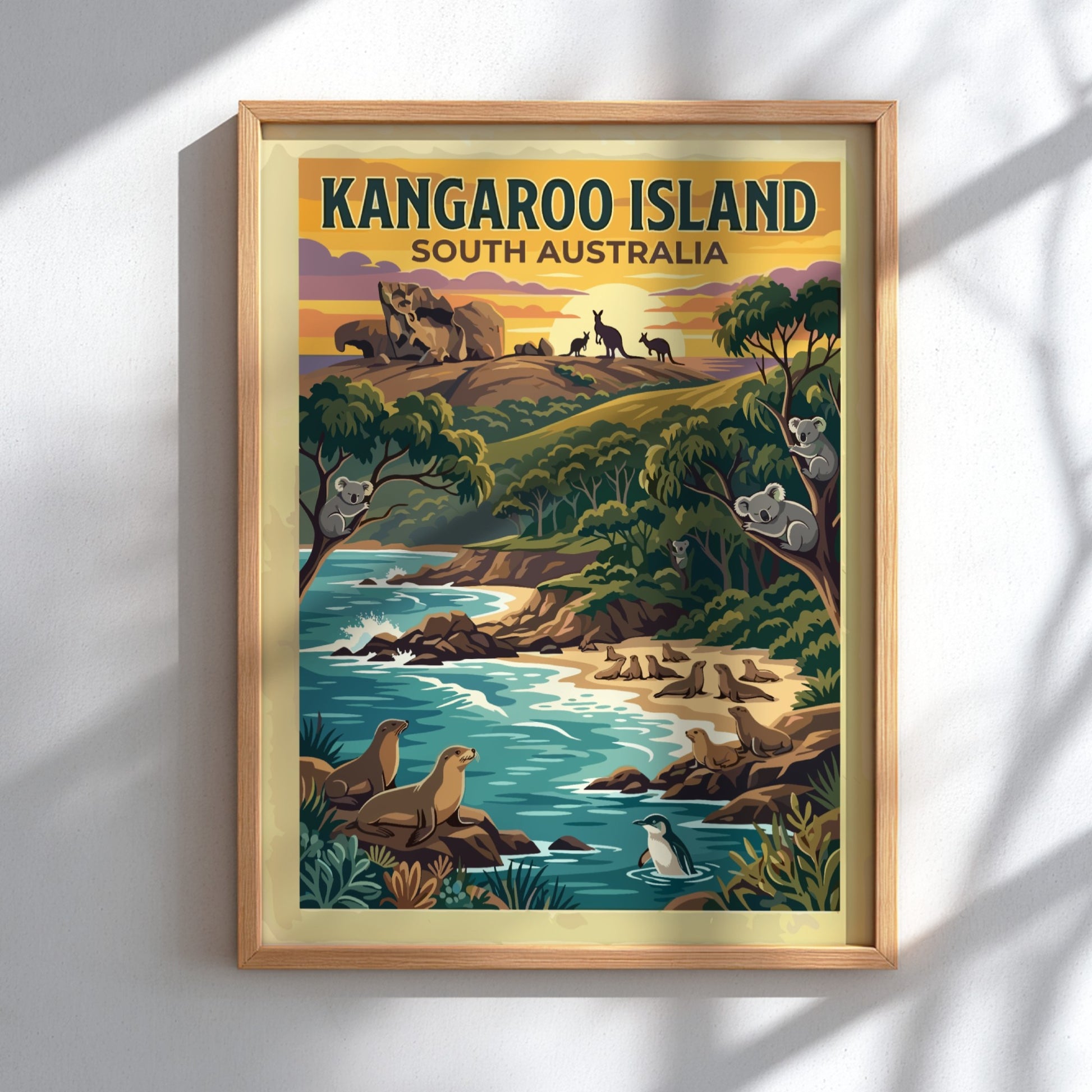Kangaroo Island travel poster showing koalas in trees, seals on beach, and kangaroos.