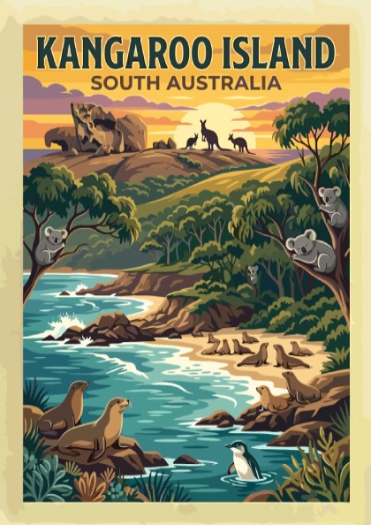 Kangaroo Island travel poster showing koalas in trees, seals on beach, and kangaroos.