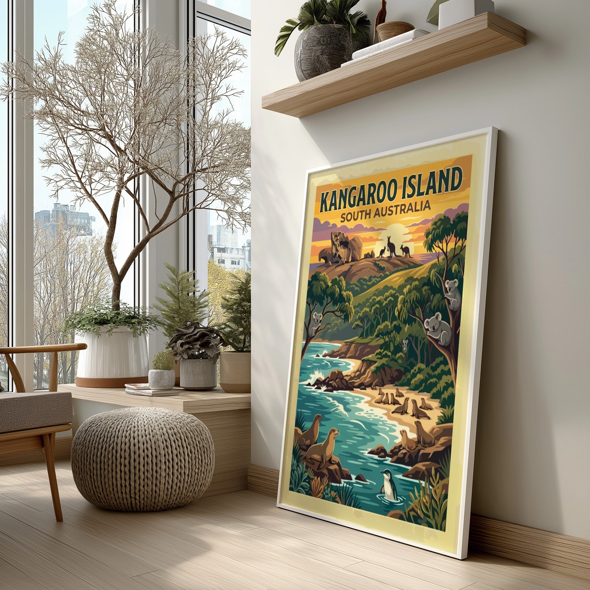Kangaroo Island travel poster showing koalas in trees, seals on beach, and kangaroos.