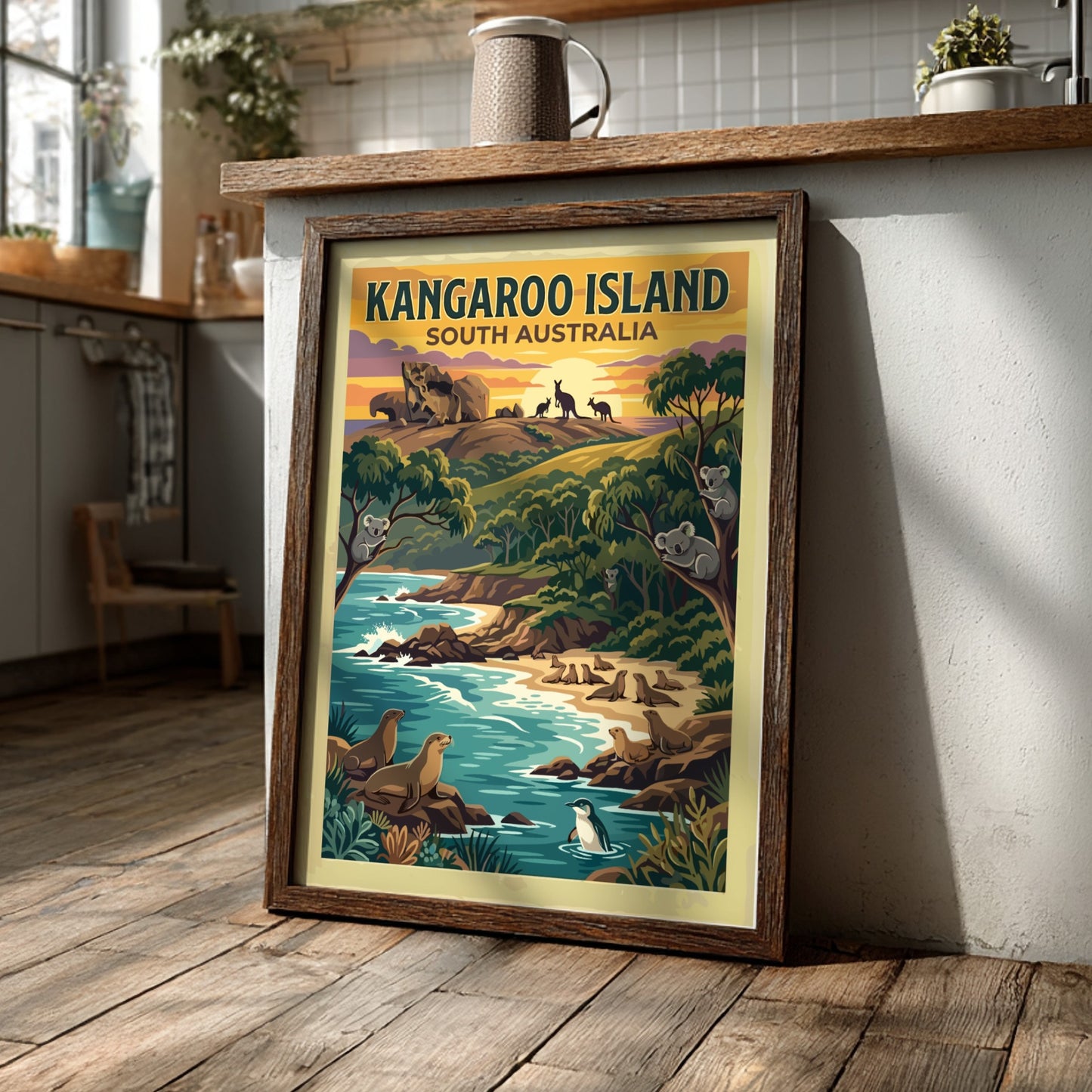 Kangaroo Island travel poster showing koalas in trees, seals on beach, and kangaroos.