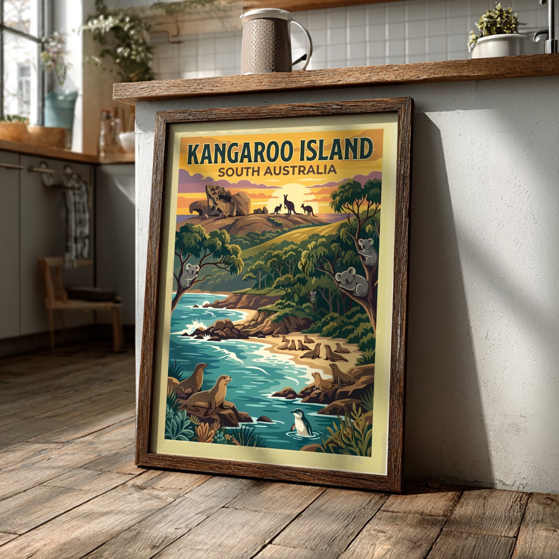 Kangaroo Island travel poster showing koalas in trees, seals on beach, and kangaroos.