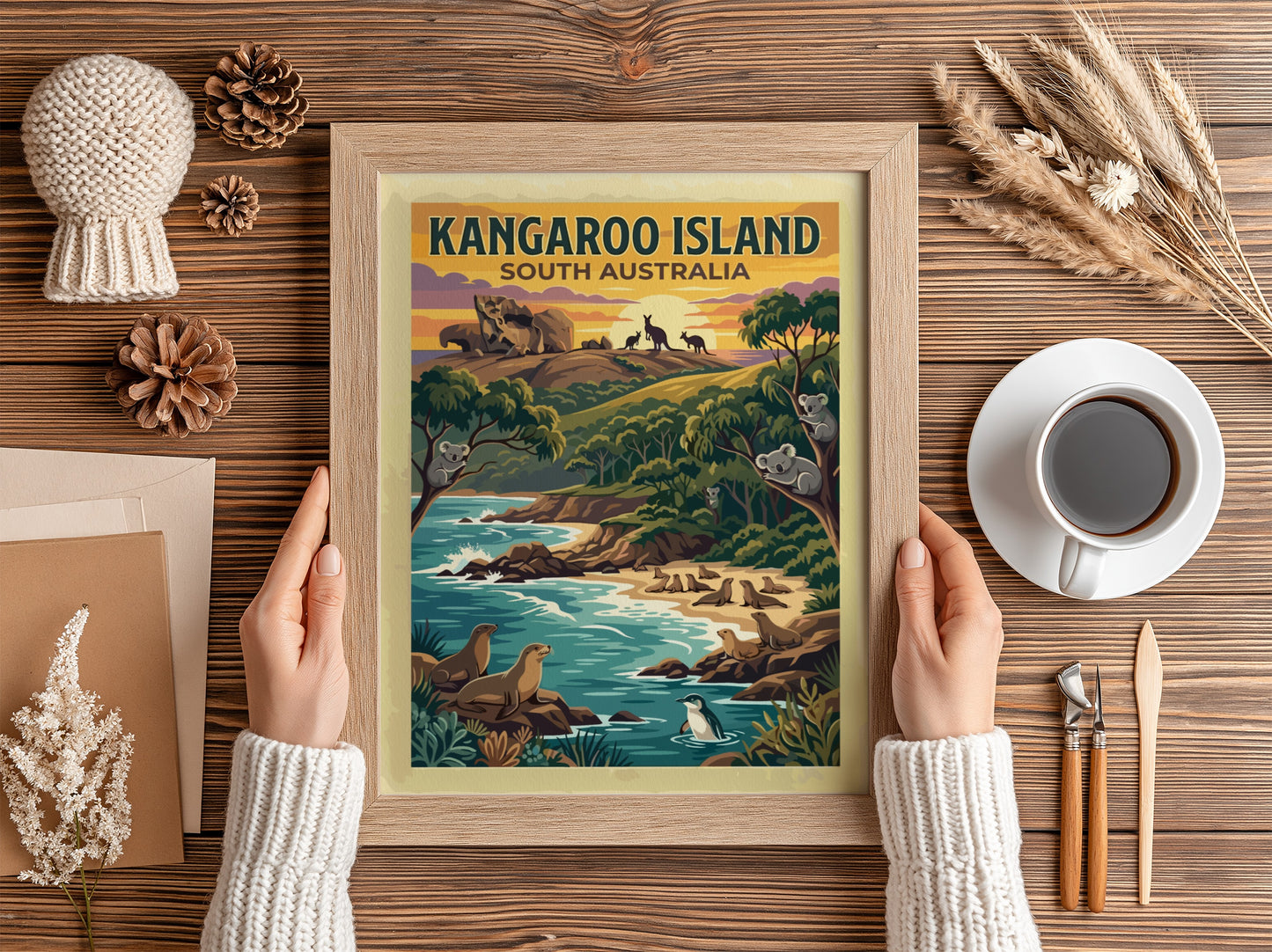Kangaroo Island travel poster showing koalas in trees, seals on beach, and kangaroos.