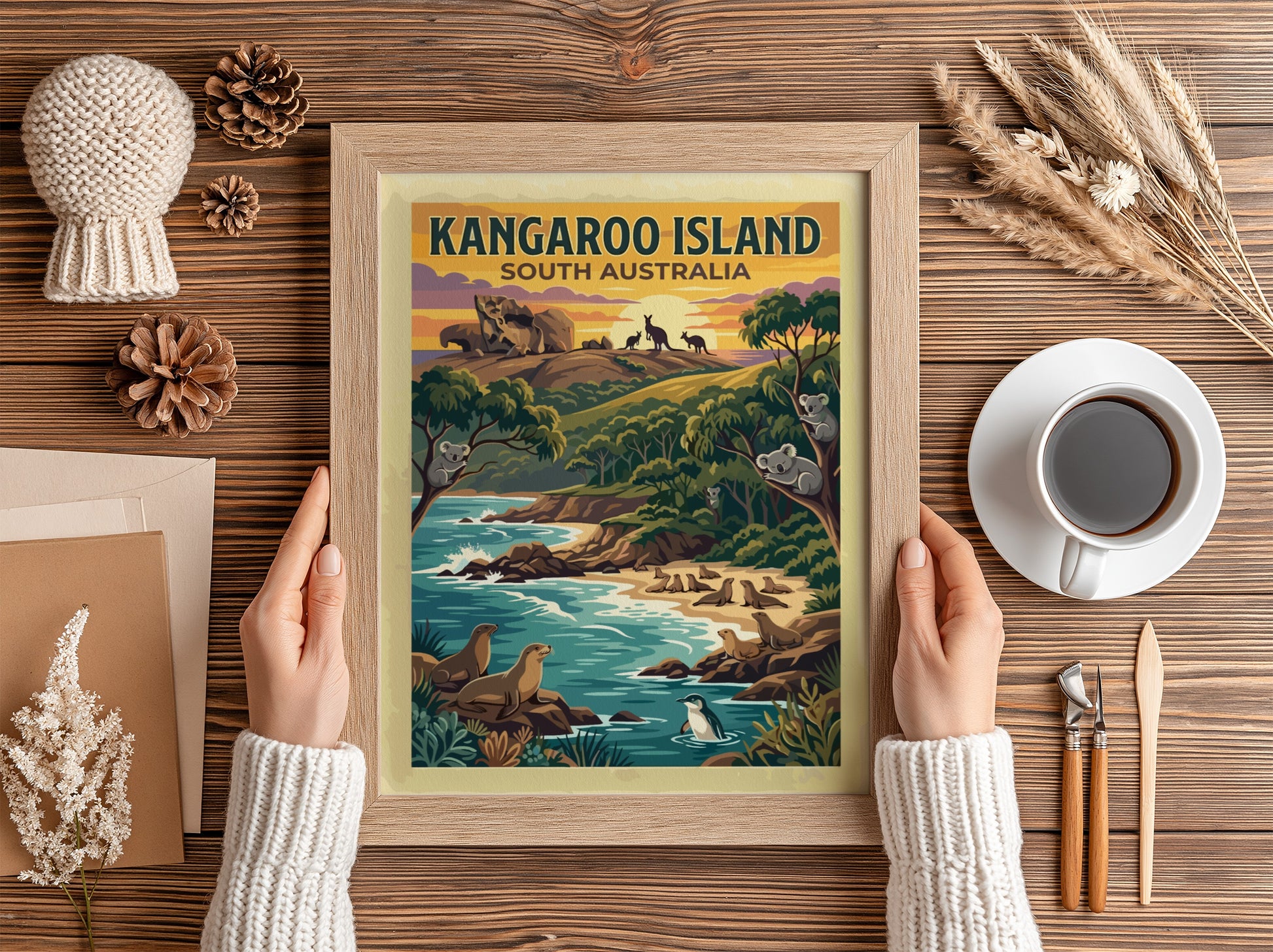 Kangaroo Island travel poster showing koalas in trees, seals on beach, and kangaroos.