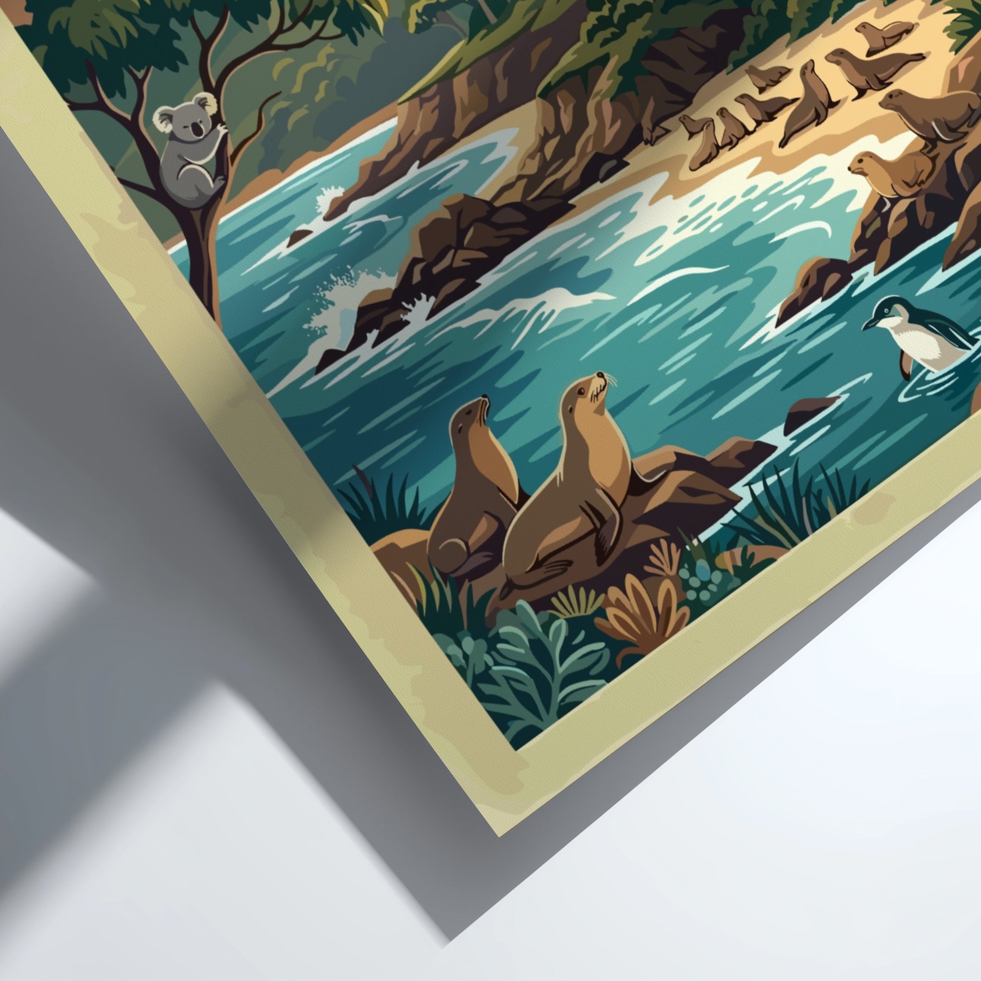 Kangaroo Island travel poster showing koalas in trees, seals on beach, and kangaroos.