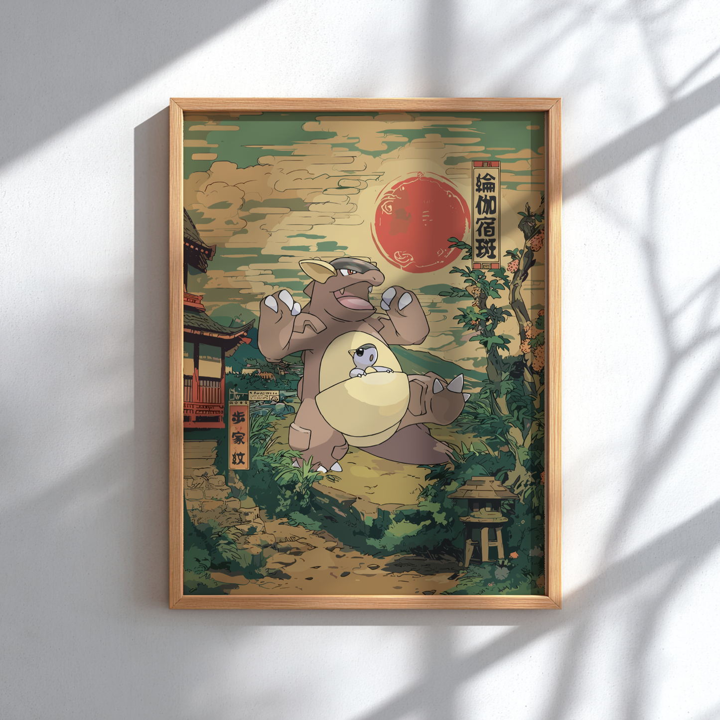 Framed artwork of Kangaskhan Pokemon in a traditional Japanese setting