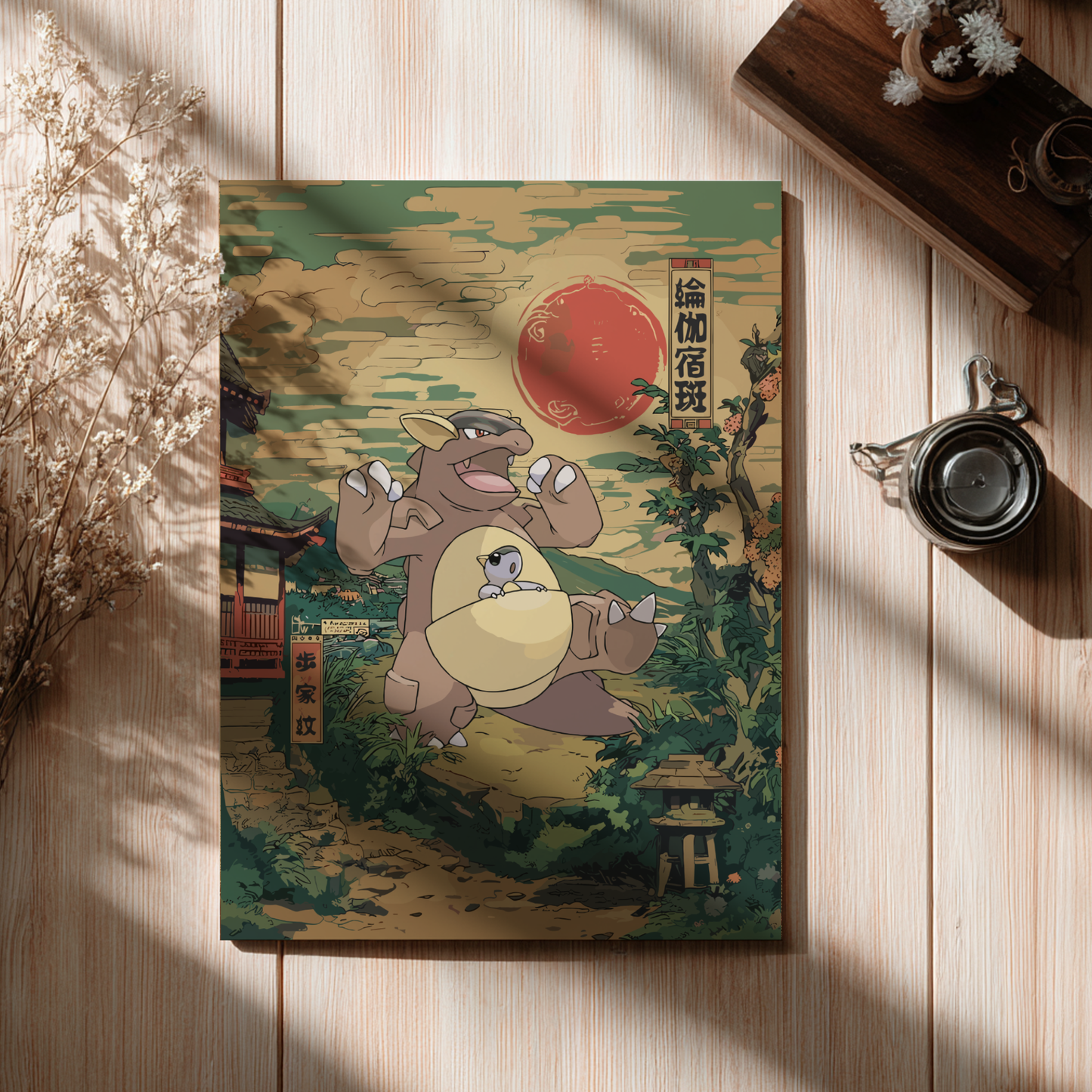 Kangaskhan Pokemon on a wooden surface with a cup and dried plants