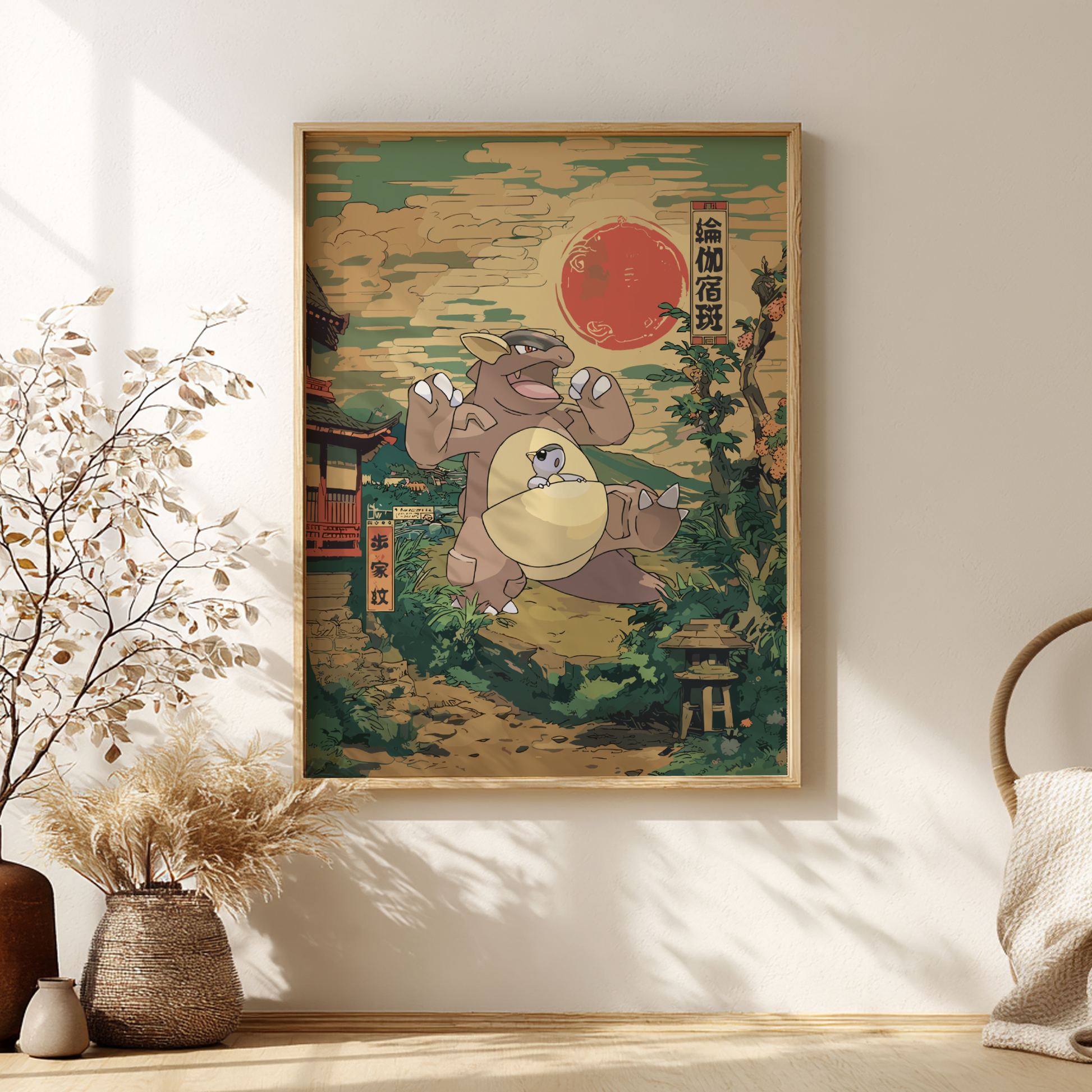 Framed artwork of Kangaskhan Pokemon in a traditional Japanese setting on a wall.