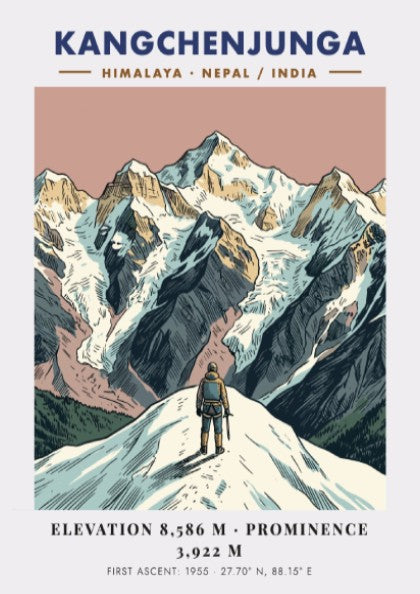 Poster of Kangchenjunga mountain featuring a climber looking at the peaks in Himalayas.