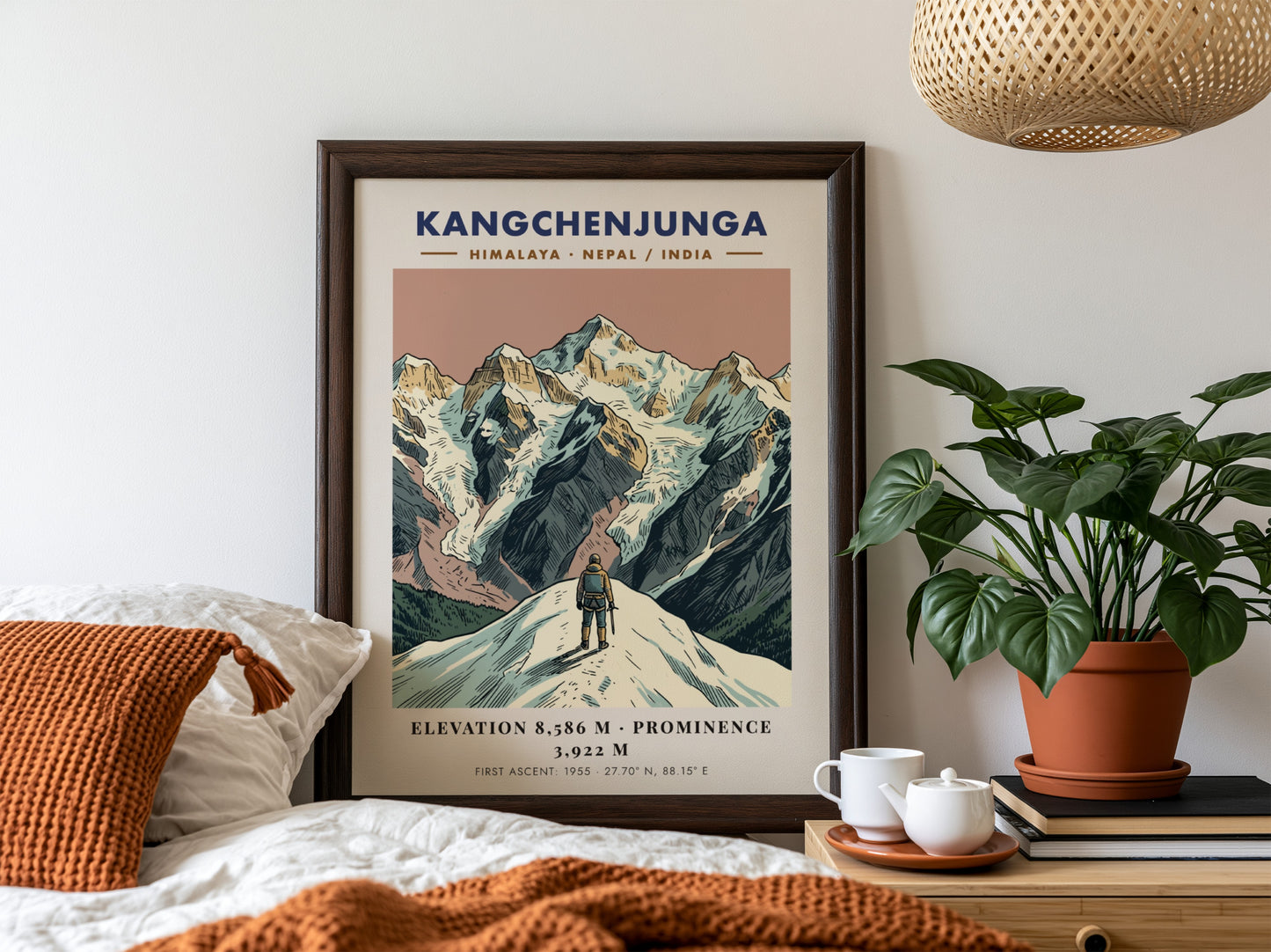 Poster of Kangchenjunga mountain featuring a climber looking at the peaks in Himalayas.