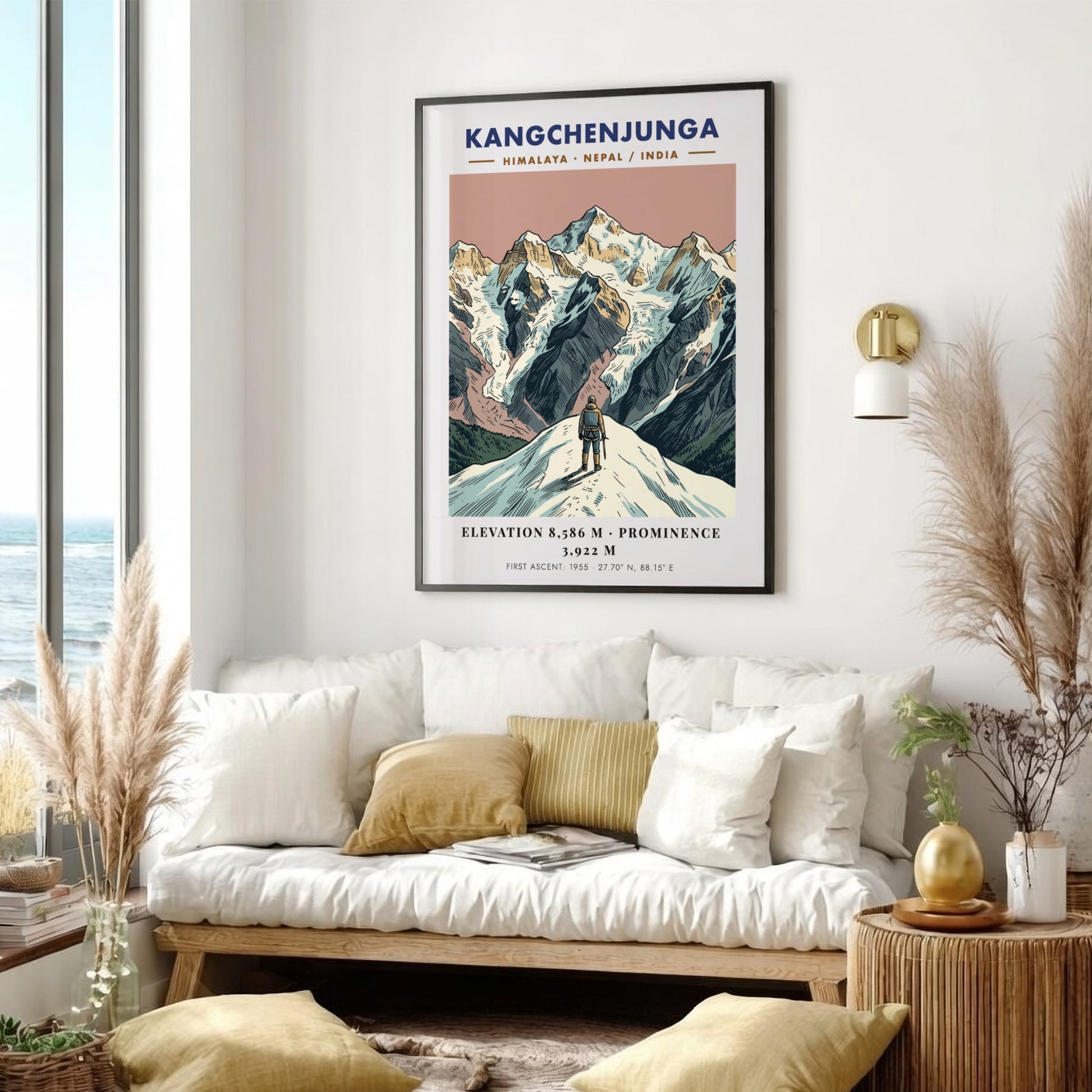 Poster of Kangchenjunga mountain featuring a climber looking at the peaks in Himalayas.