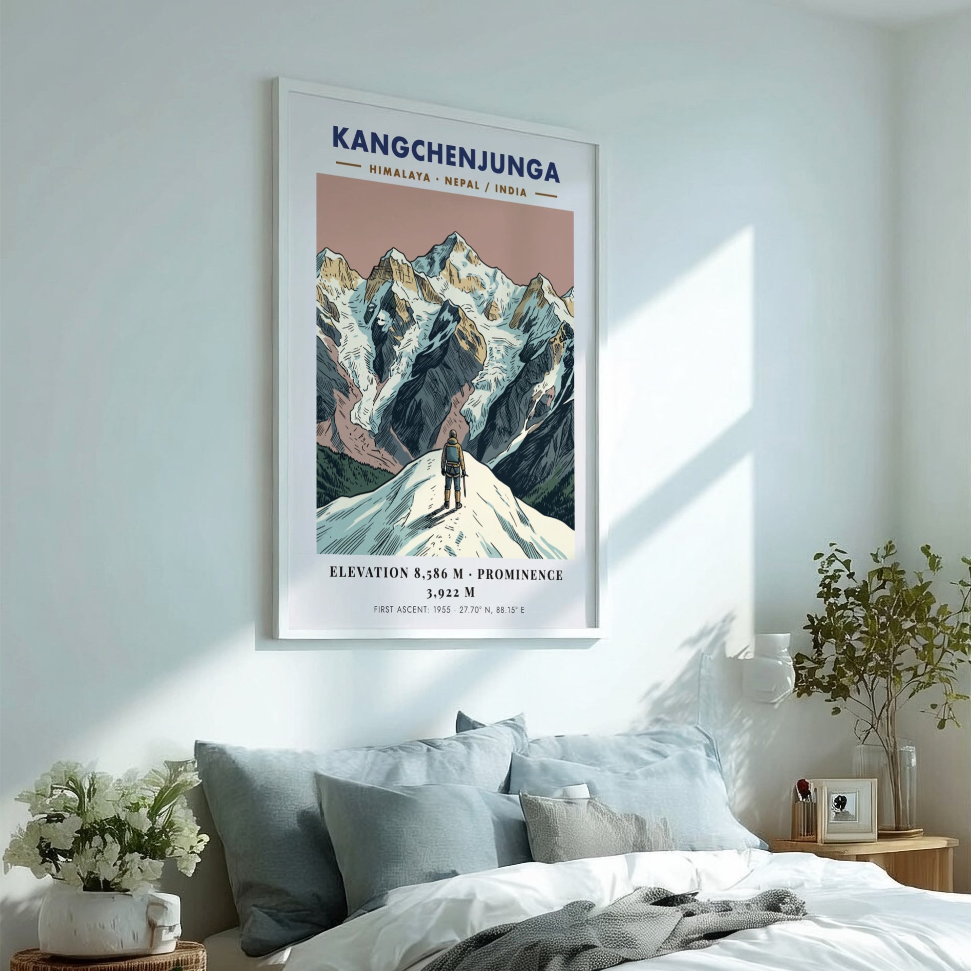Poster of Kangchenjunga mountain featuring a climber looking at the peaks in Himalayas.