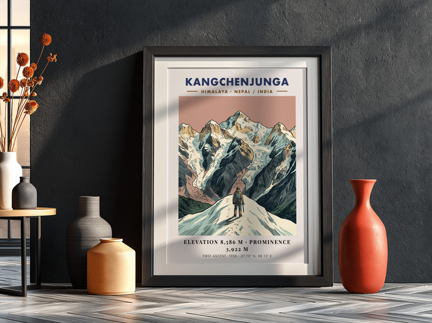 Poster of Kangchenjunga mountain featuring a climber looking at the peaks in Himalayas.
