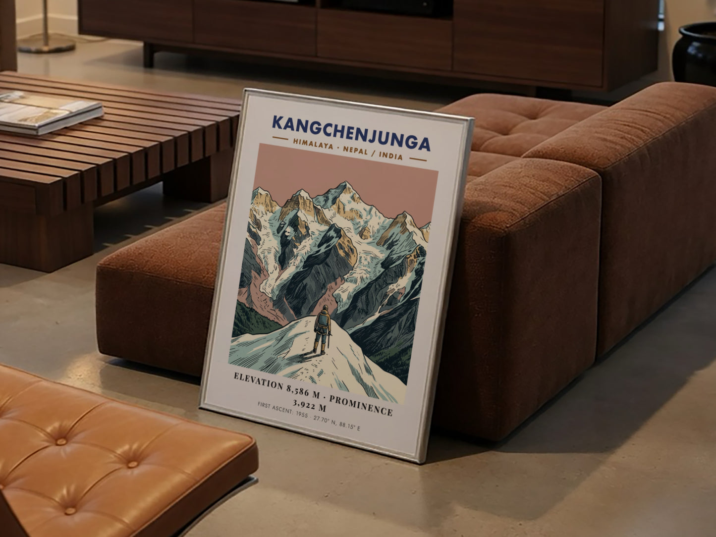 Poster of Kangchenjunga mountain featuring a climber looking at the peaks in Himalayas.