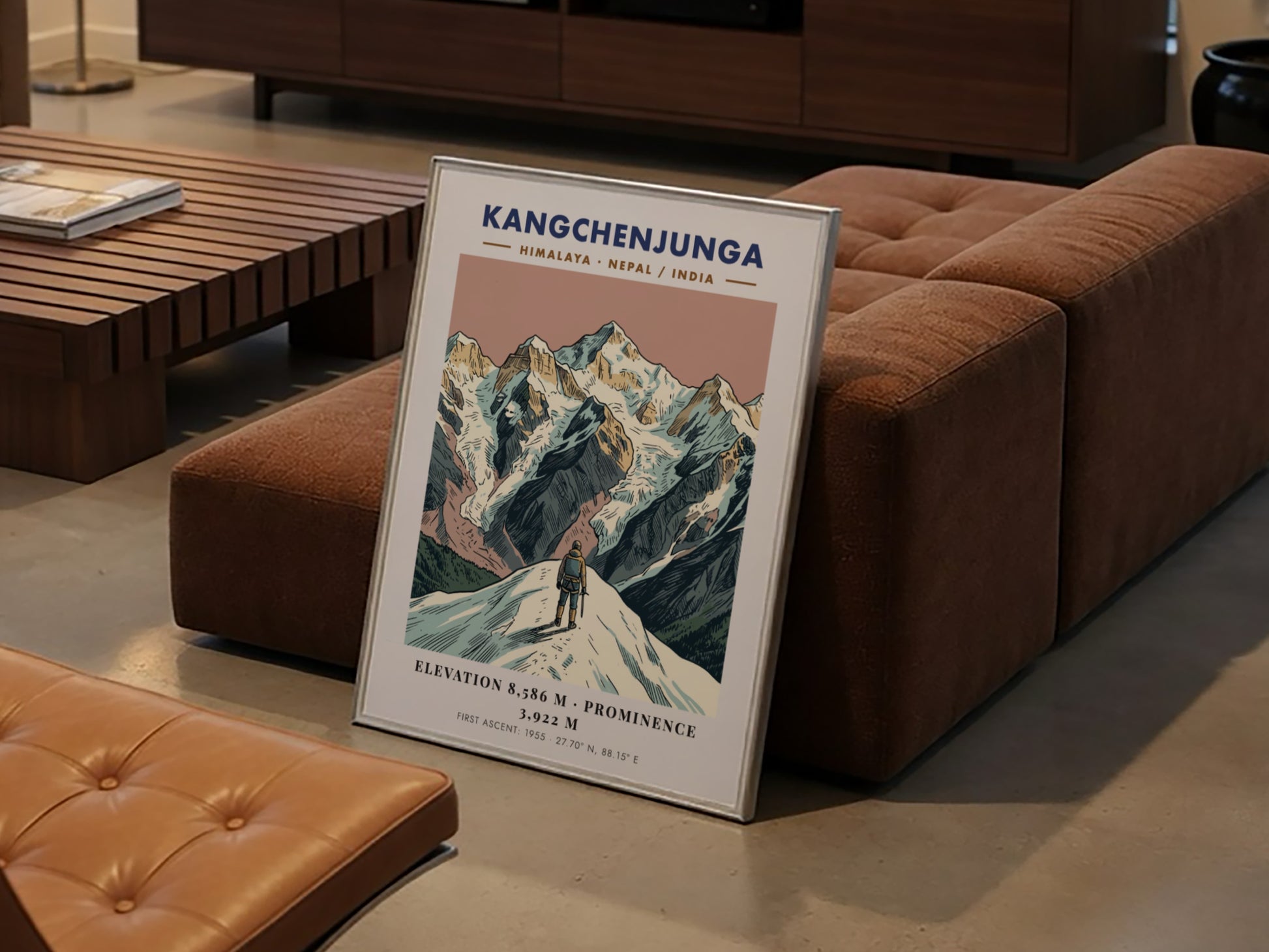 Poster of Kangchenjunga mountain featuring a climber looking at the peaks in Himalayas.