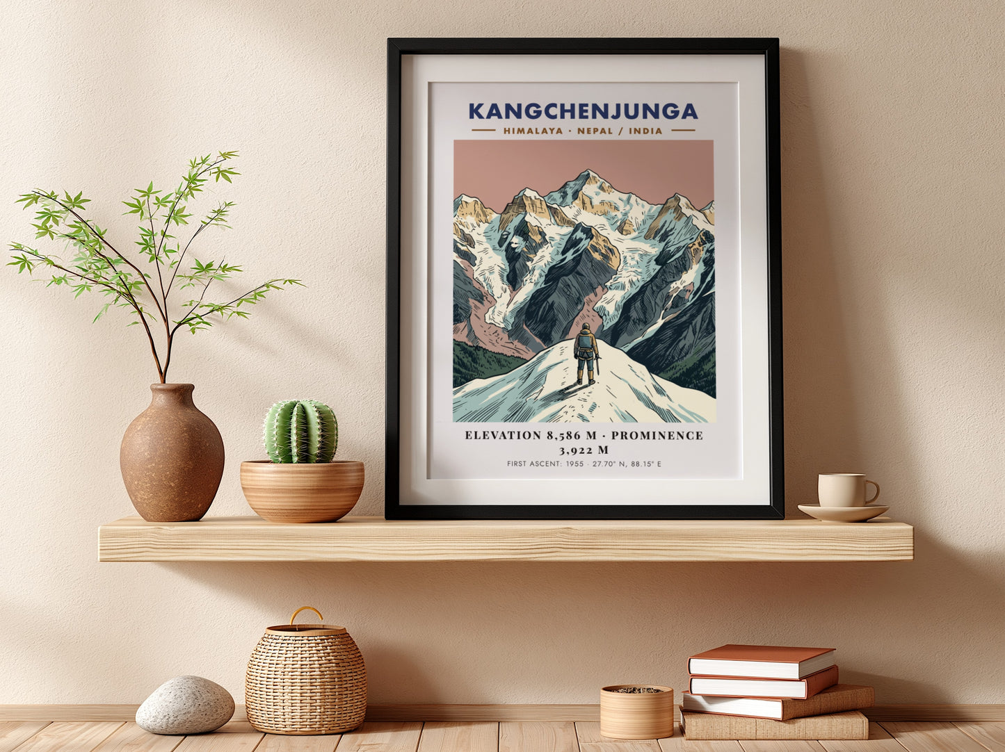 Poster of Kangchenjunga mountain featuring a climber looking at the peaks in Himalayas.